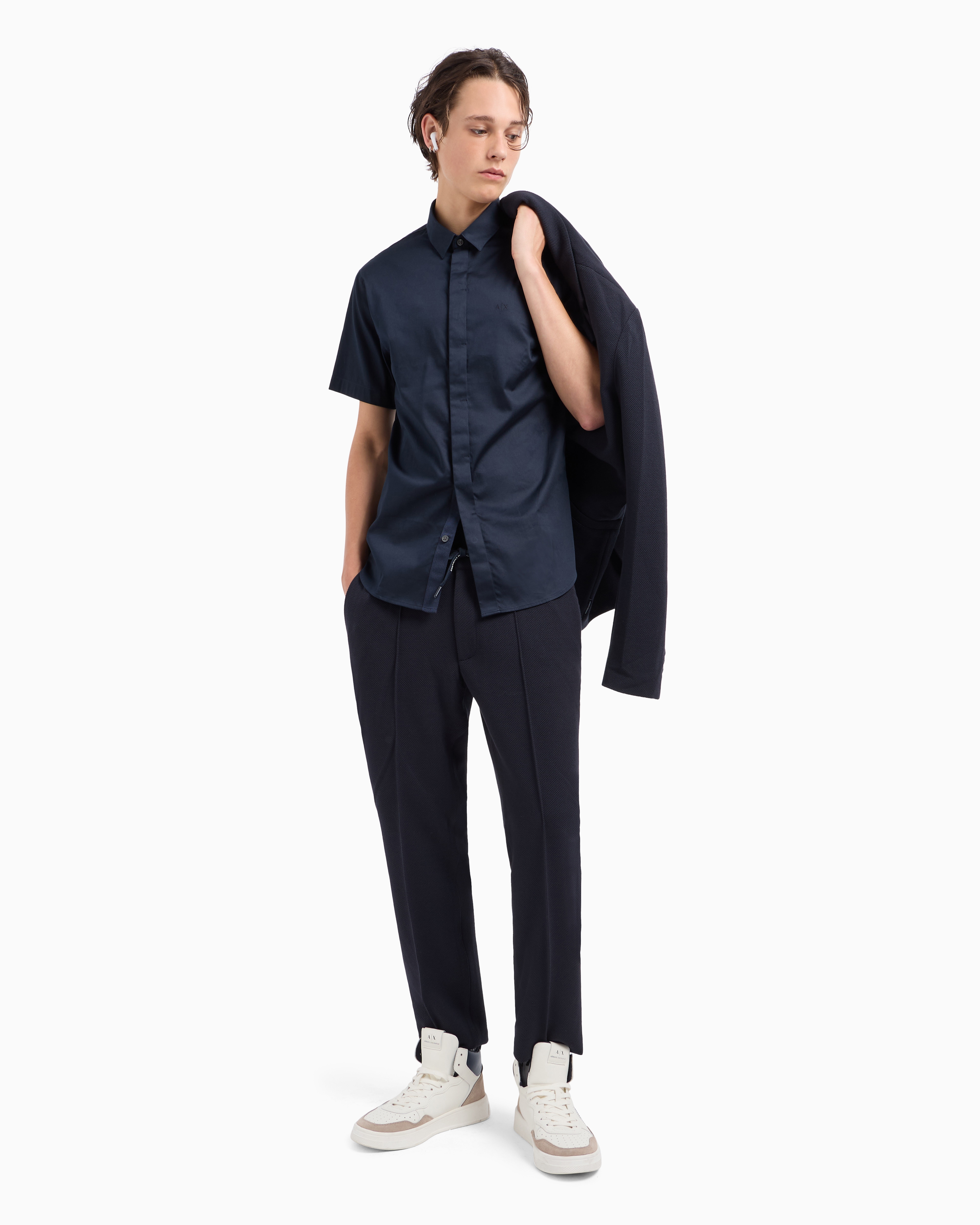 Armani Exchange Slim Fit Short Sleeve Shirt In Stretch Satin In Navy Blue
