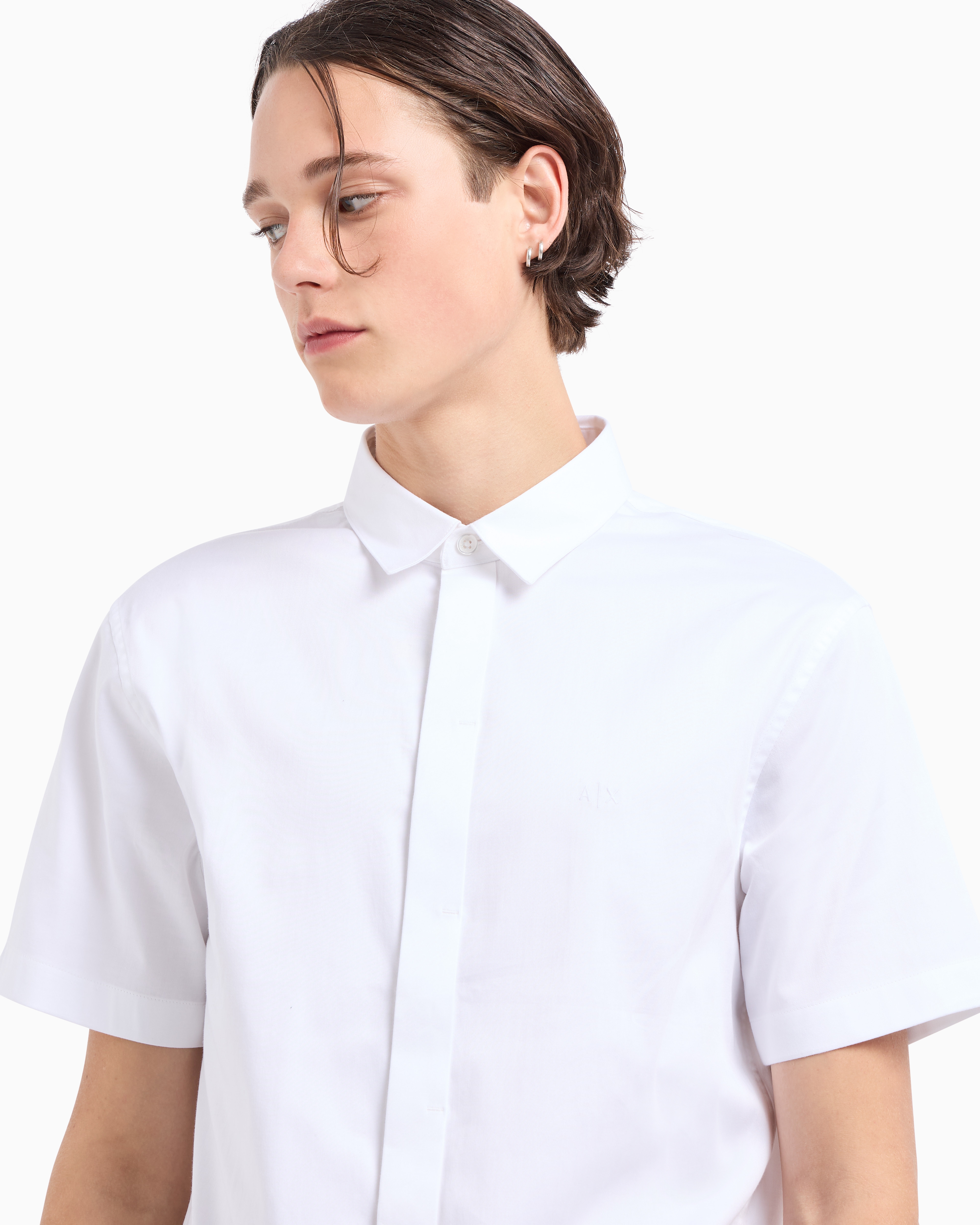 Armani Exchange Slim Fit Short Sleeve Shirt In Stretch Satin In White