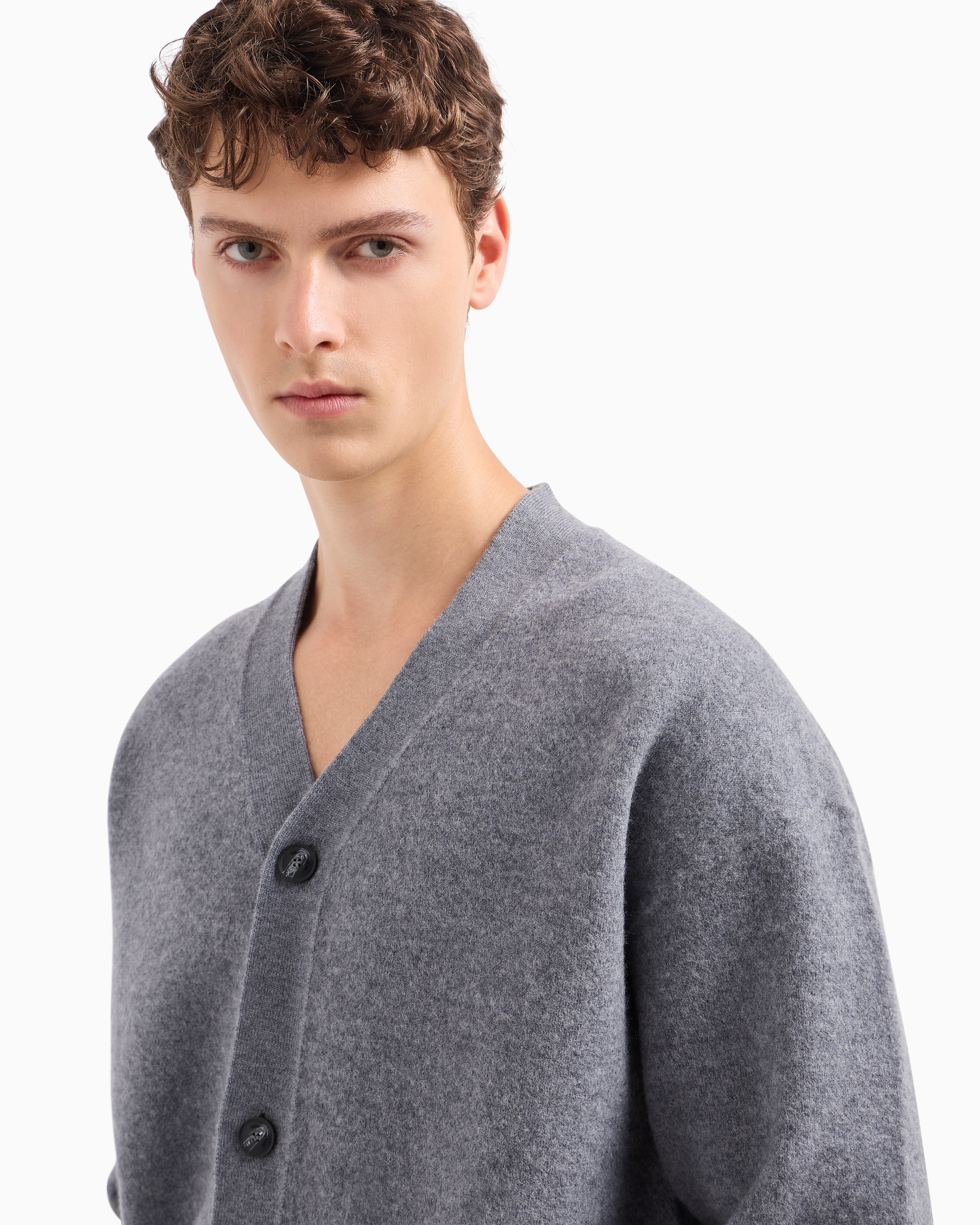 EMPORIO ARMANI V-NECK CARDIGAN MADE OF VIRGIN WOOL WITH A JERSEY-FLEECE EFFECT 