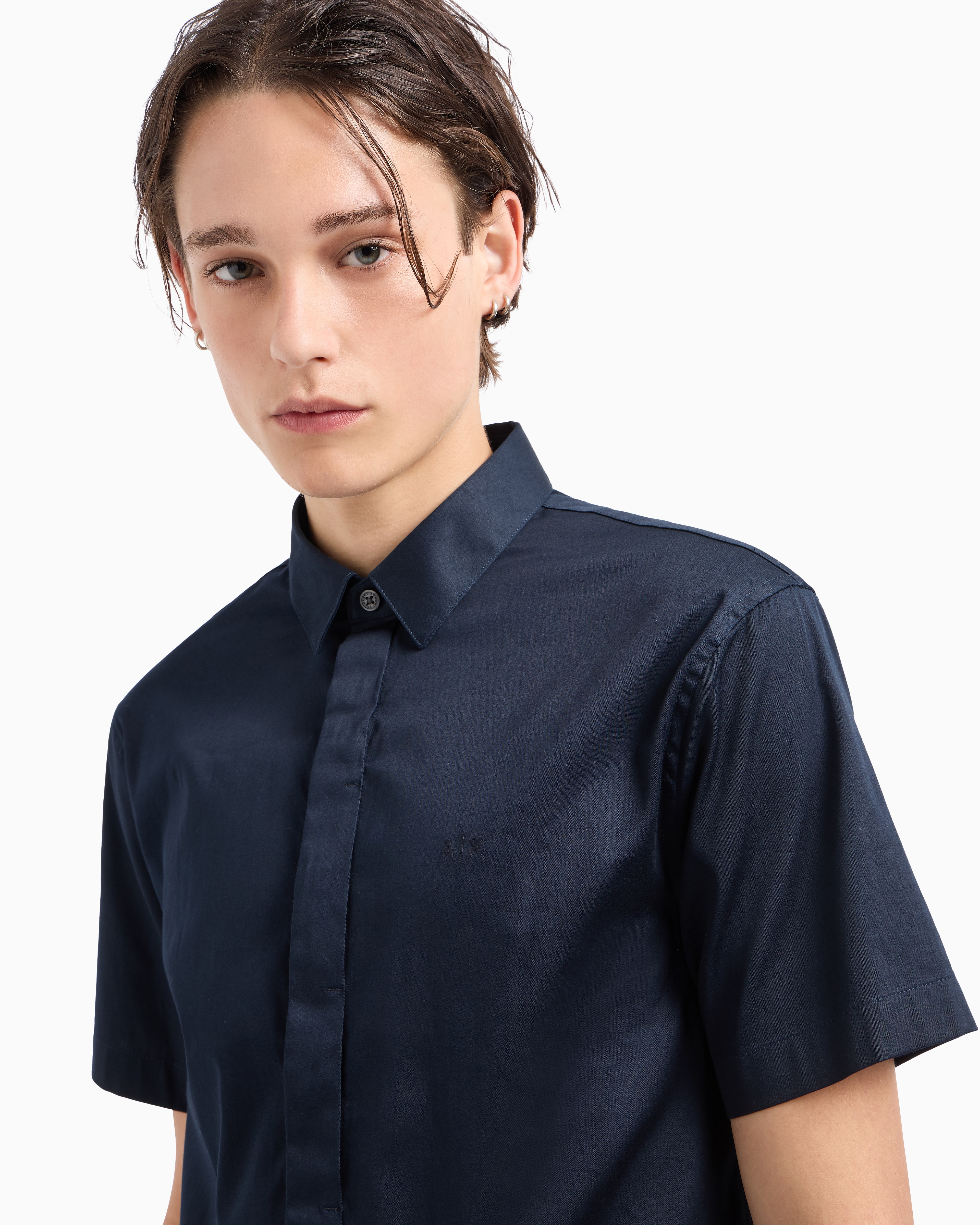 Armani Exchange Slim Fit Short Sleeve Shirt In Stretch Satin In Navy Blue