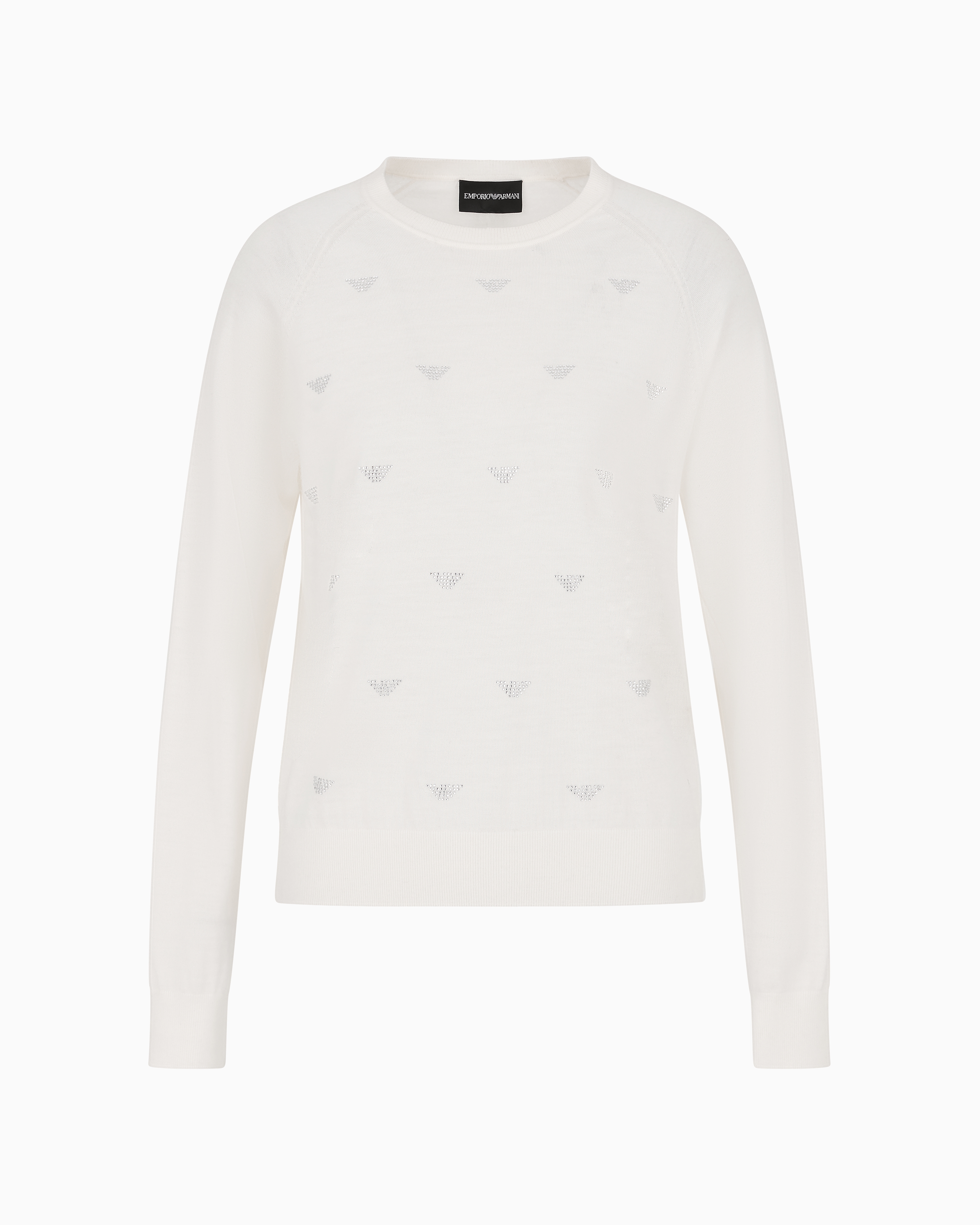 Emporio Armani Official Store Plain-knit Wool Jumper With Micro Rhinestones In White