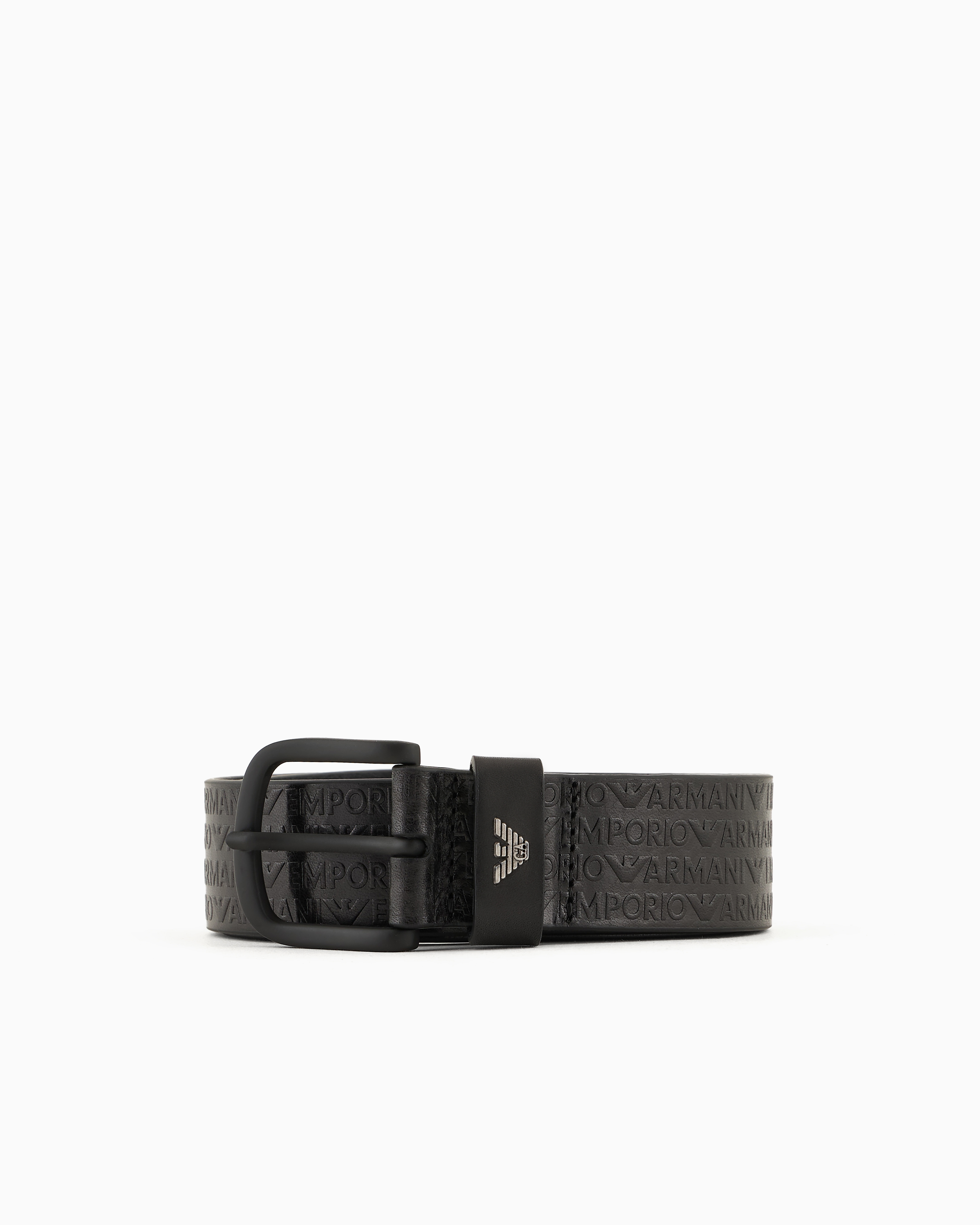 Emporio Armani Official Store Leather Belt With Embossed-print Lettering In Black