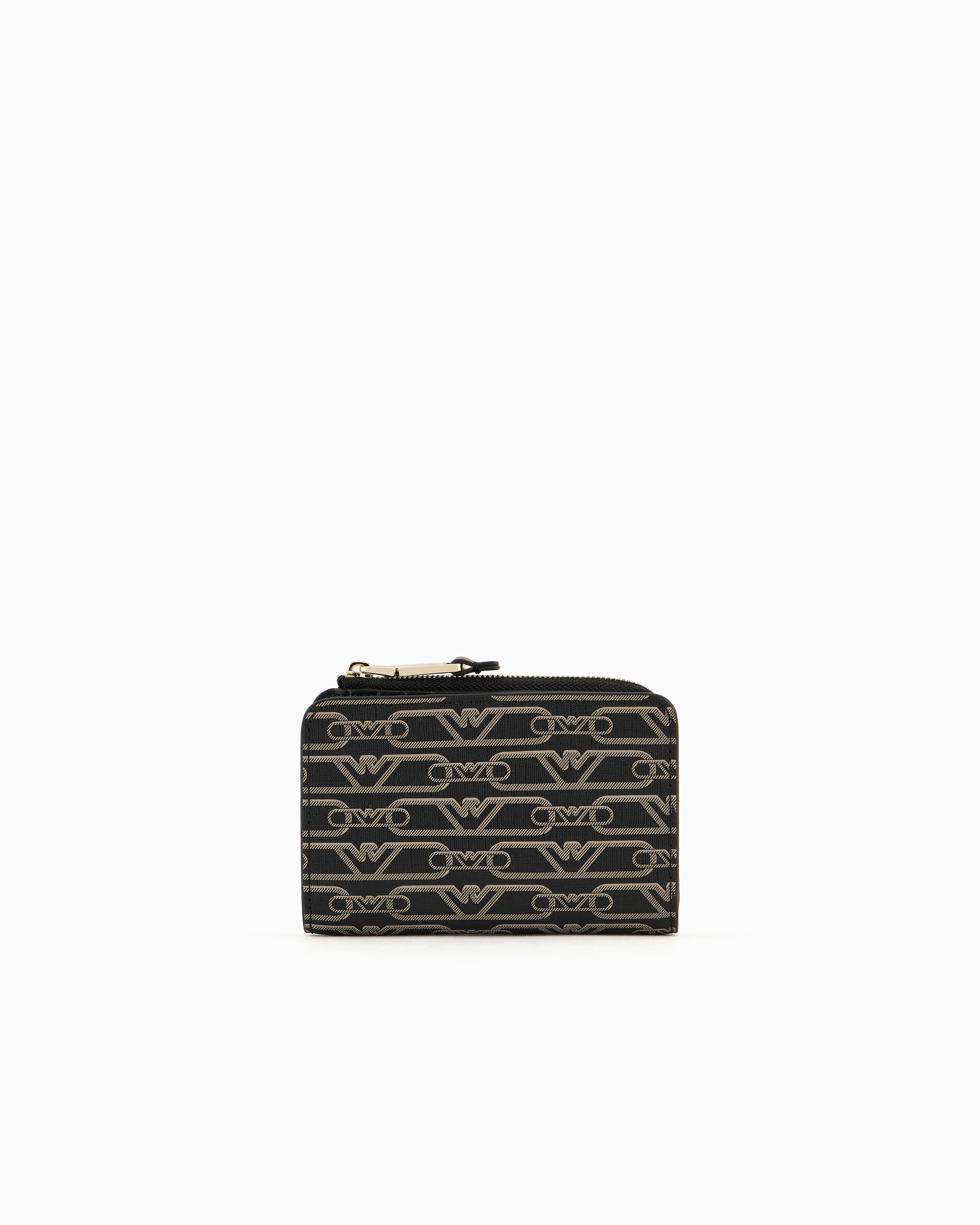 Emporio Armani Official Store Bifold Wallet With All-over Monogram Print In Noir