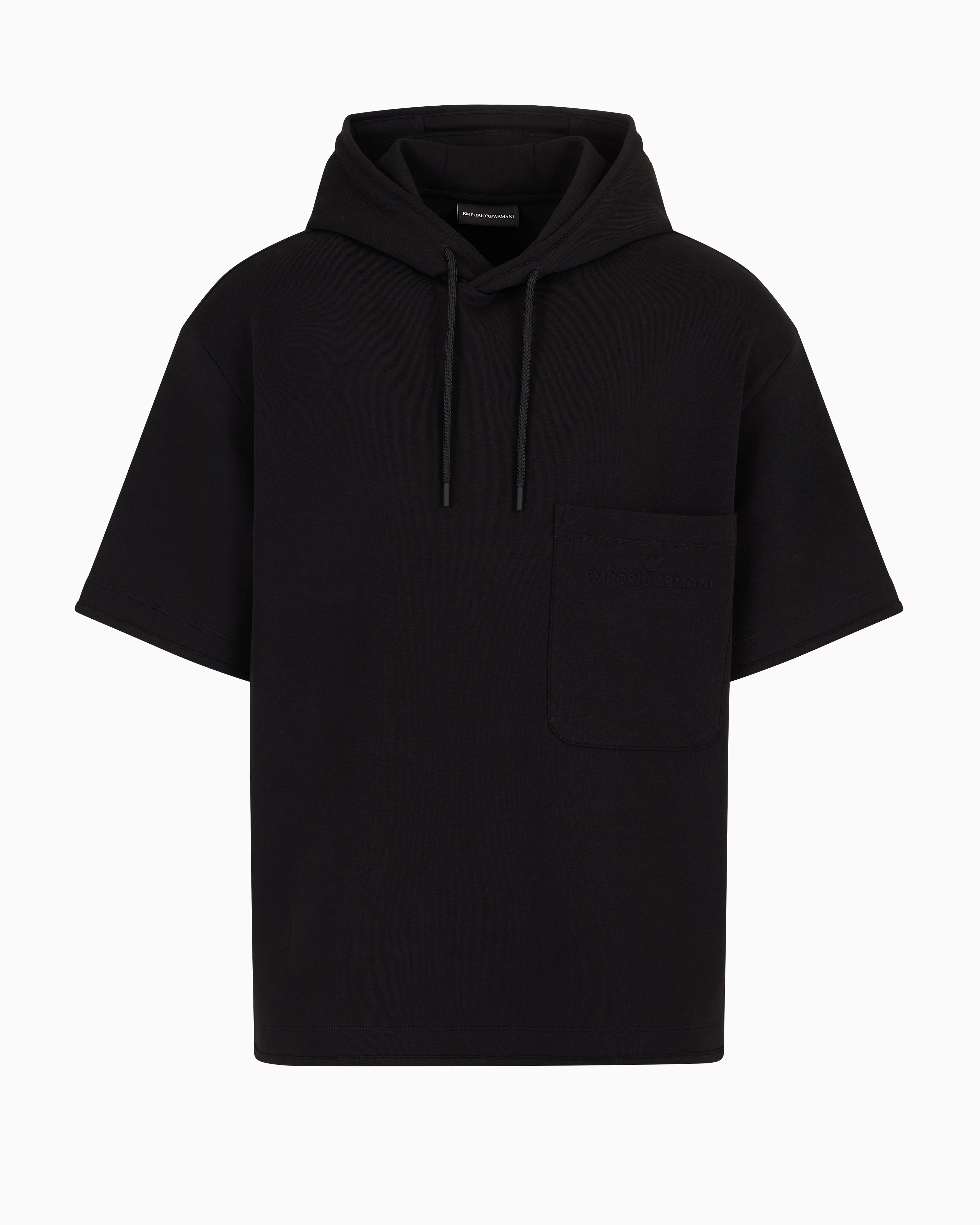 Emporio Armani Official Store Short-sleeved Double-jersey Hooded Sweatshirt With A Patch Pocket In Black