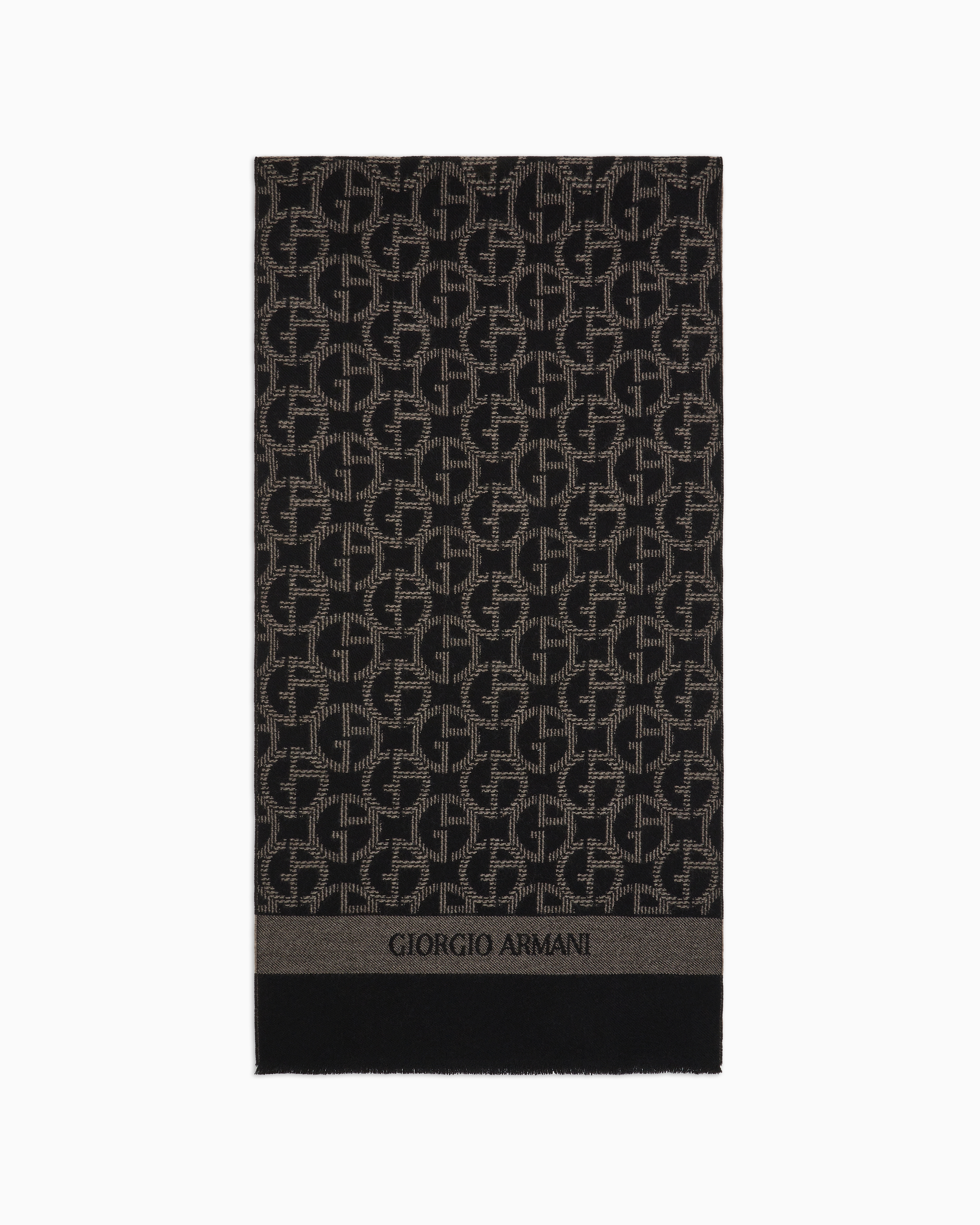 Giorgio Armani Official Store Wool Scarf With Jacquard Monogram In Brown