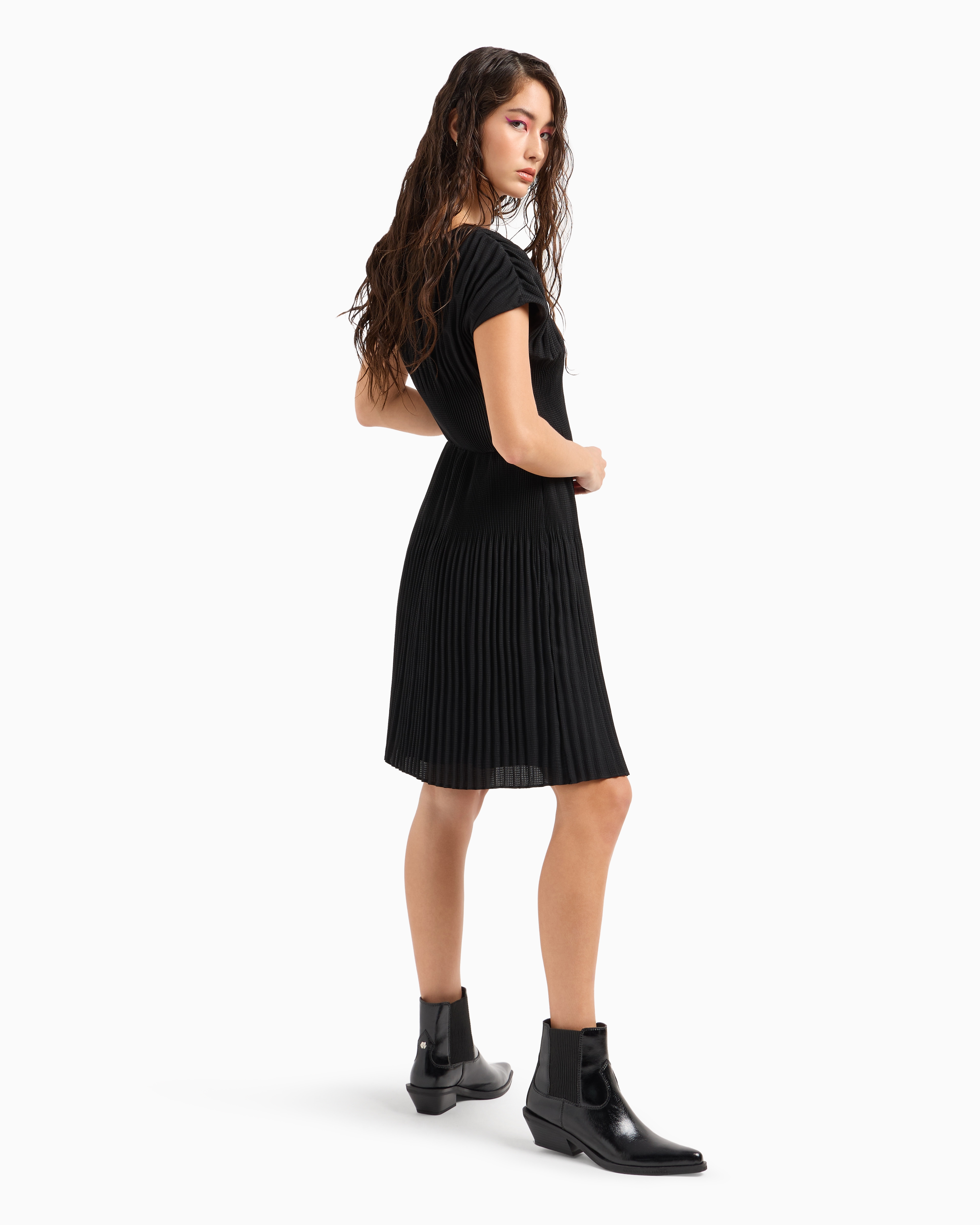 Shop Armani Exchange Pleated Fabric Midi Dress In Black