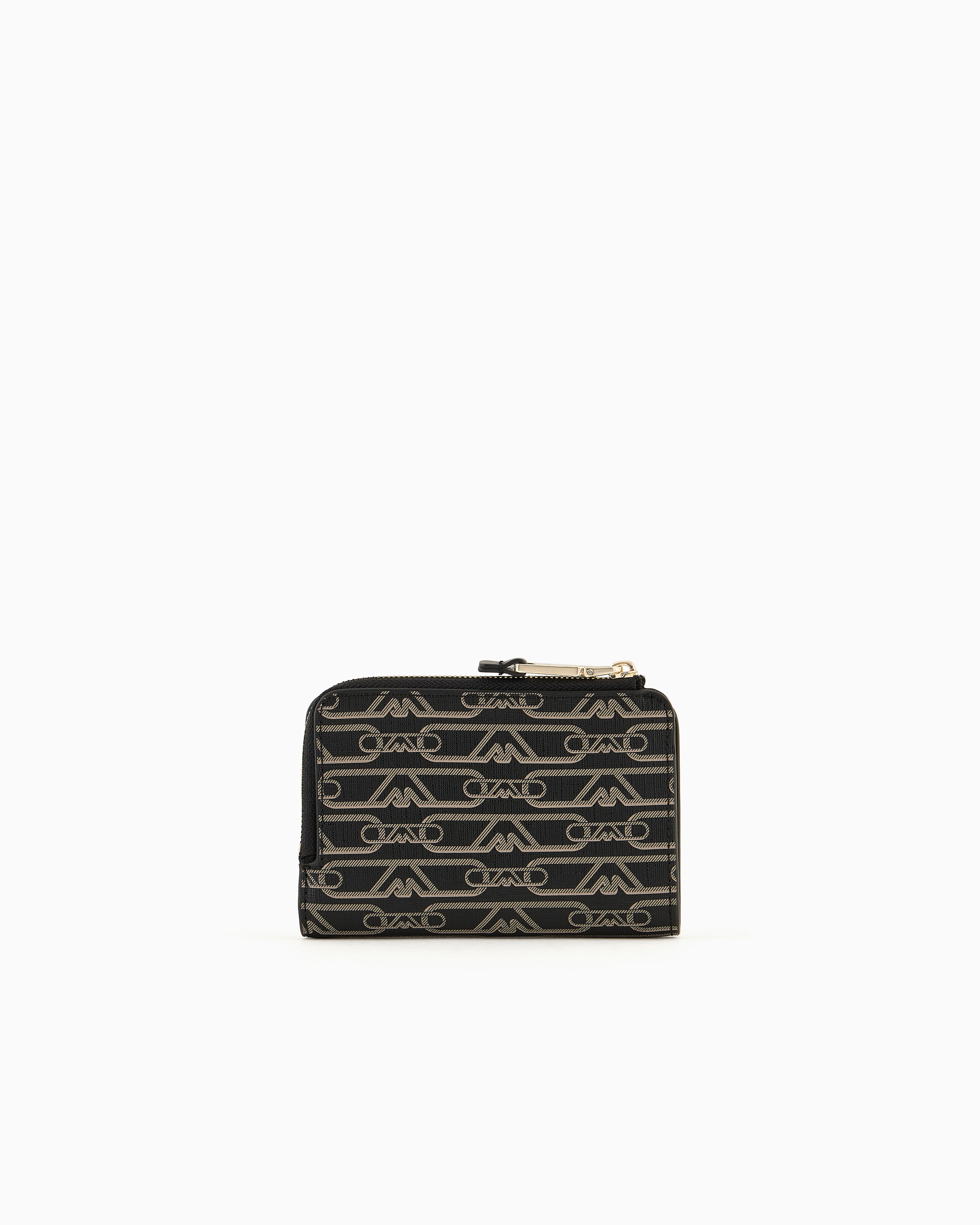 Emporio Armani Official Store Bifold Wallet With All-over Monogram Print In Noir
