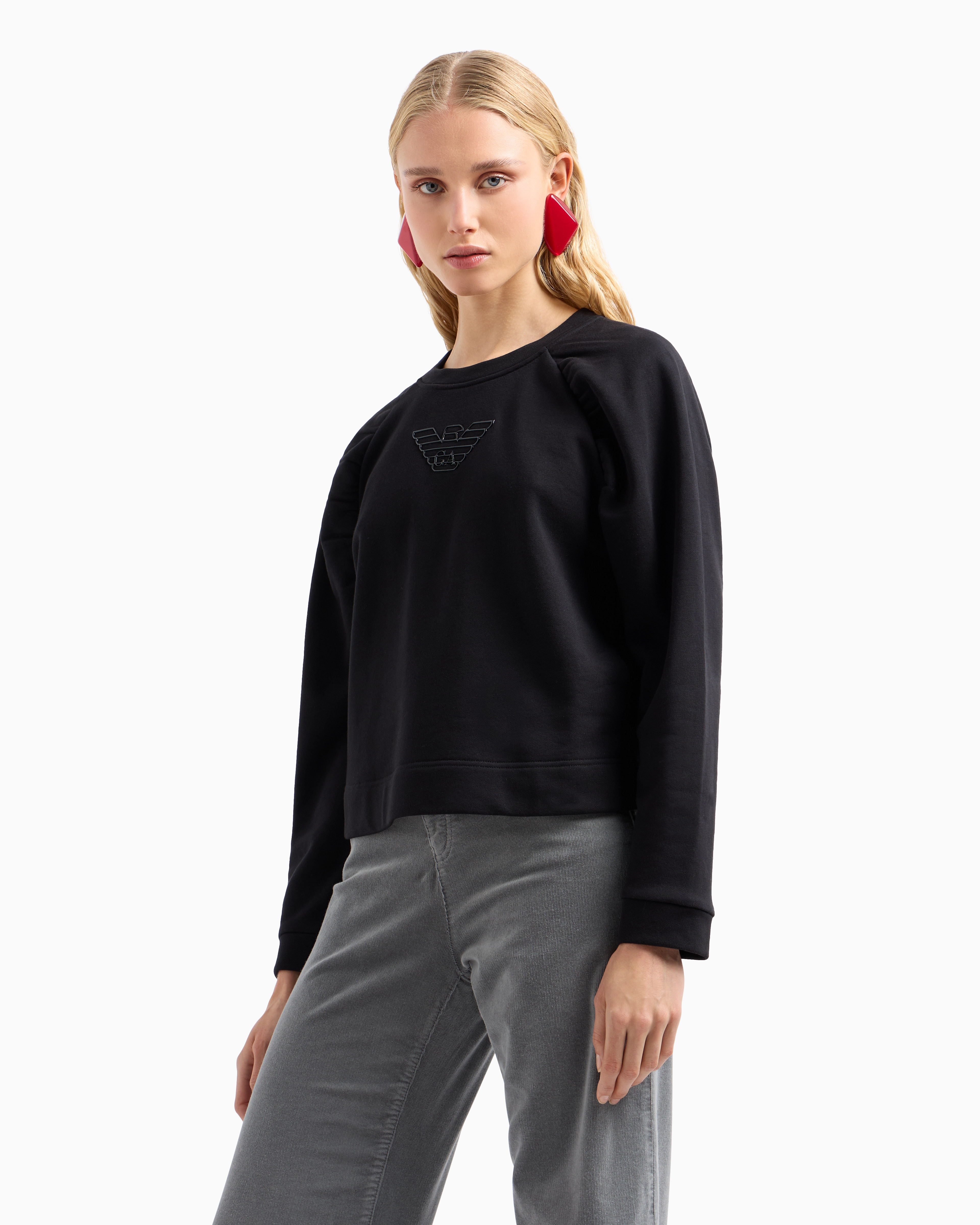 Shop Emporio Armani Asv Organic French Terry Sweatshirt With Shiny Rubberised Eagle In Black