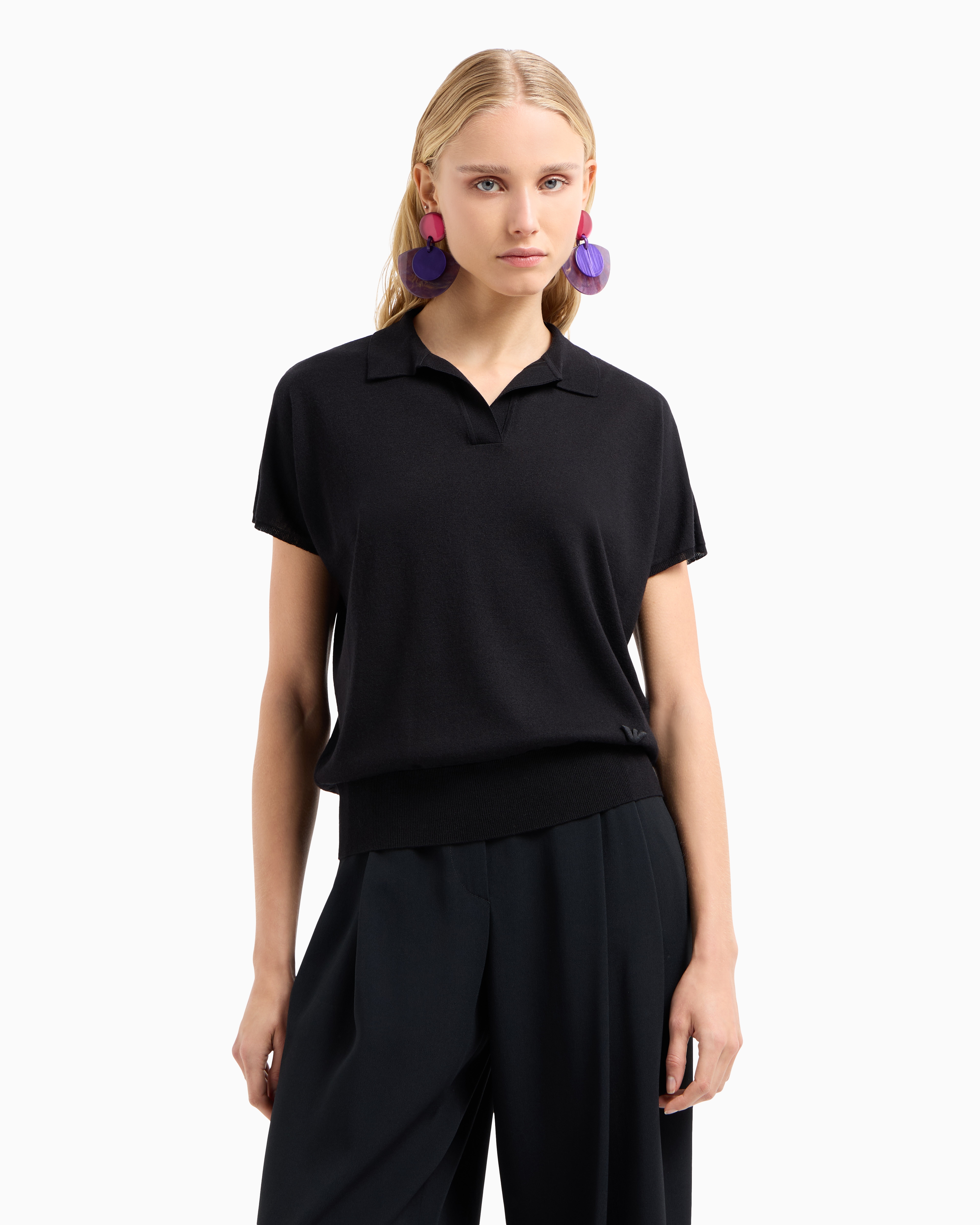 Emporio Armani Official Store Pullover Mit Polokragen Aus Schurwollgemisch Und Seide In Rechts-glattstrick-verarbei In Schwarz