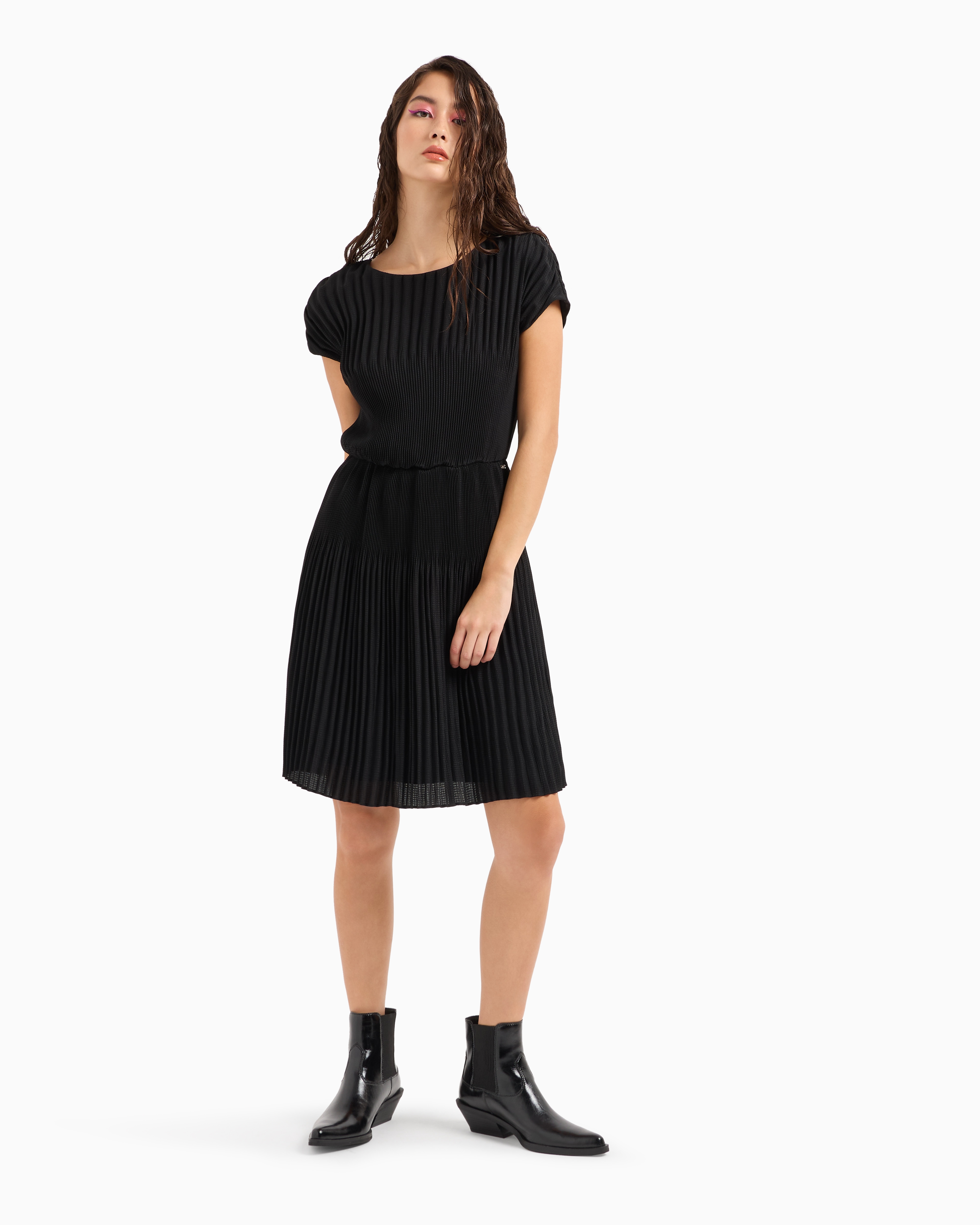 Shop Armani Exchange Pleated Fabric Midi Dress In Black