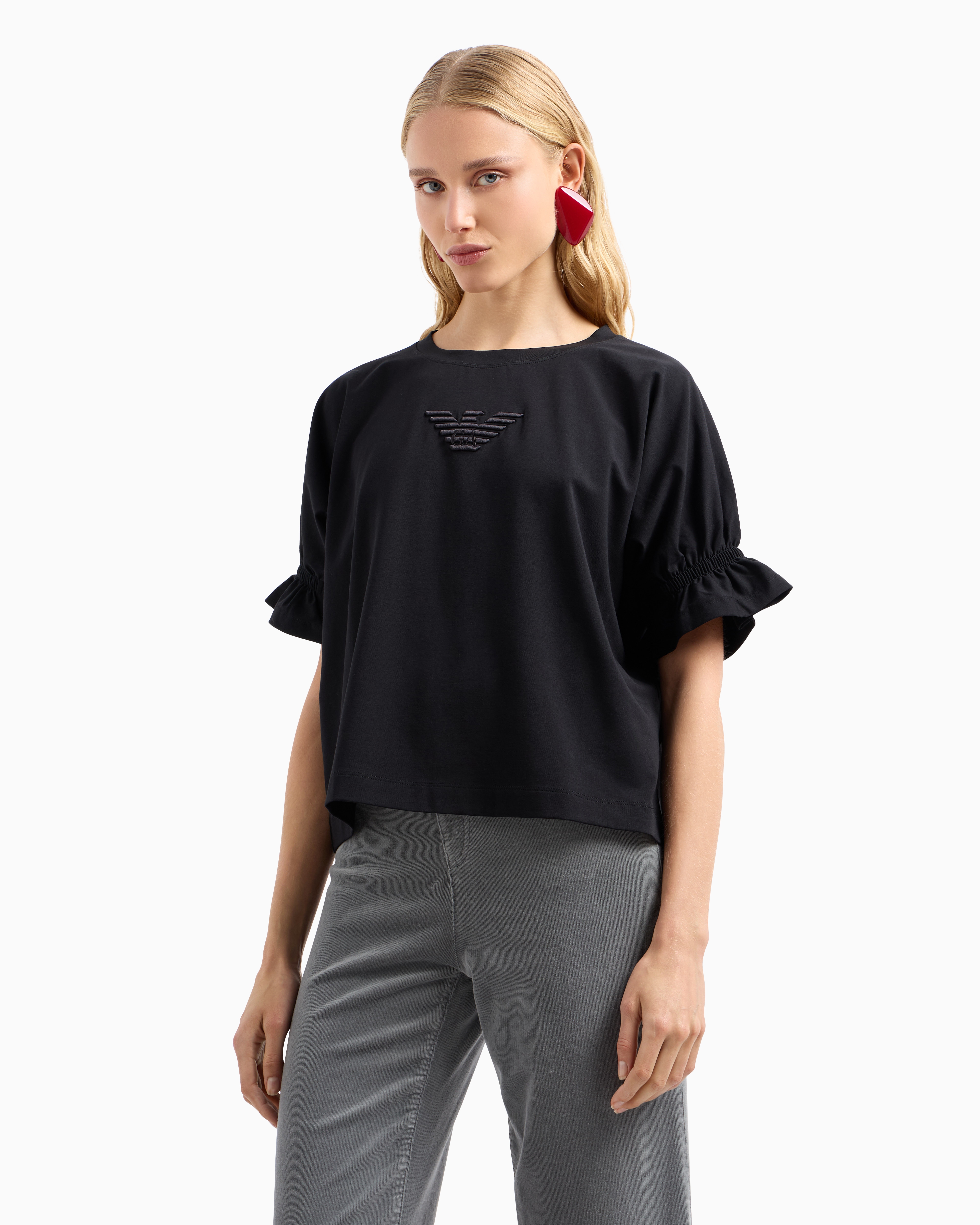 Shop Emporio Armani Asv Organic Stretch Jersey T-shirt With Eagle Embroidery In Black