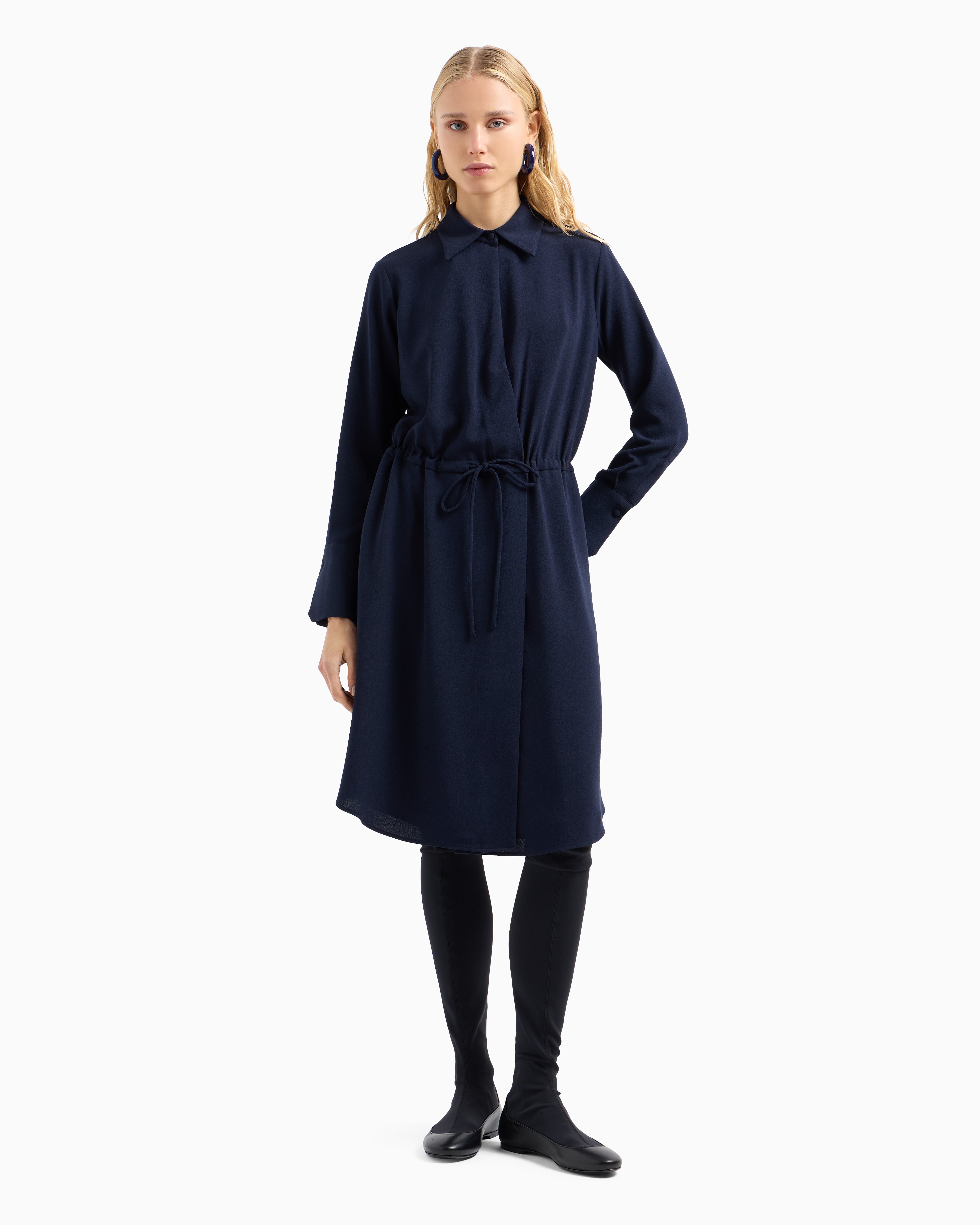 Emporio Armani Stretch Sablé Fabric Drawstring Dress In Blue