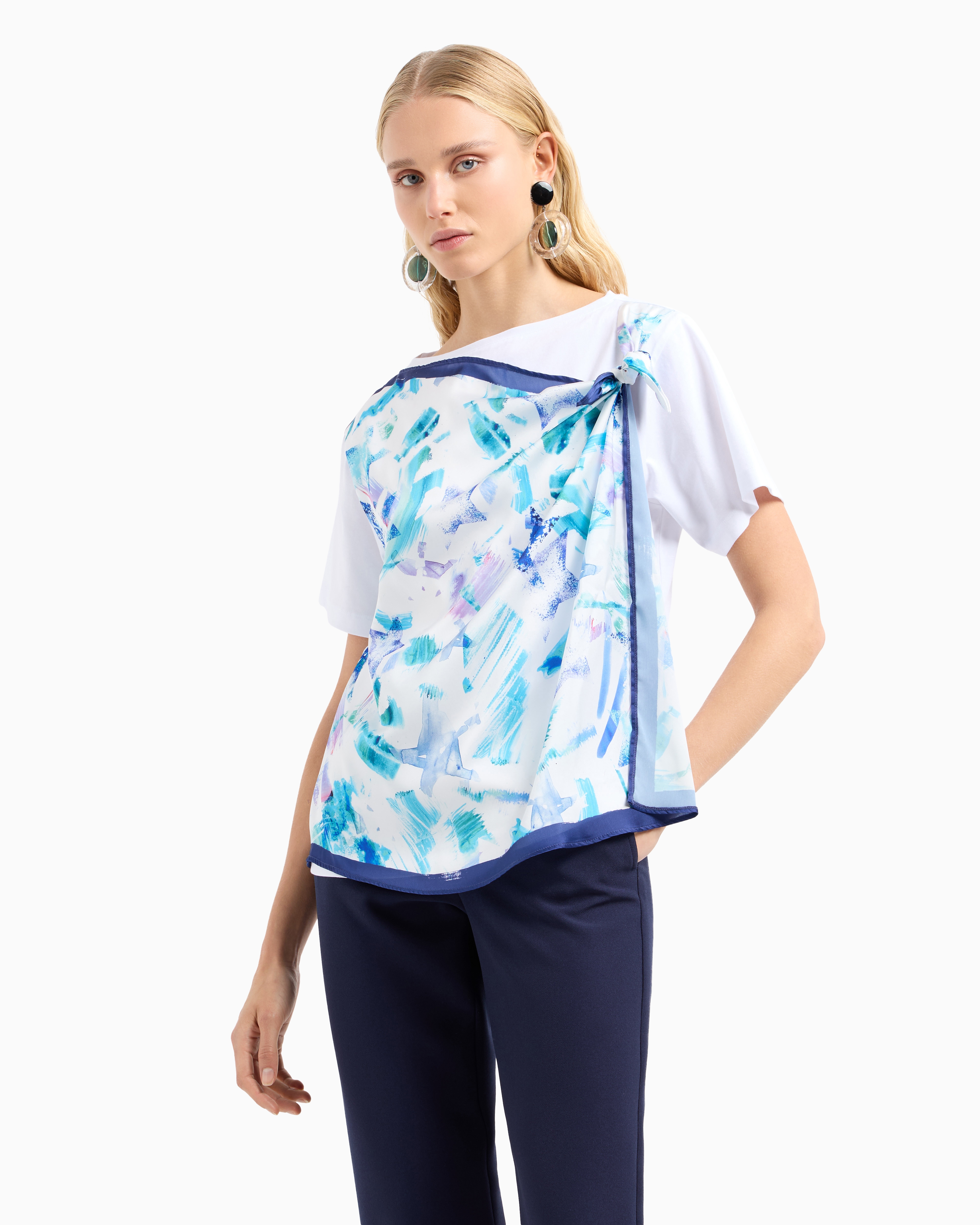 Shop Emporio Armani Asv Organic Jersey T-shirt With Foulard Panel In Fantaisie