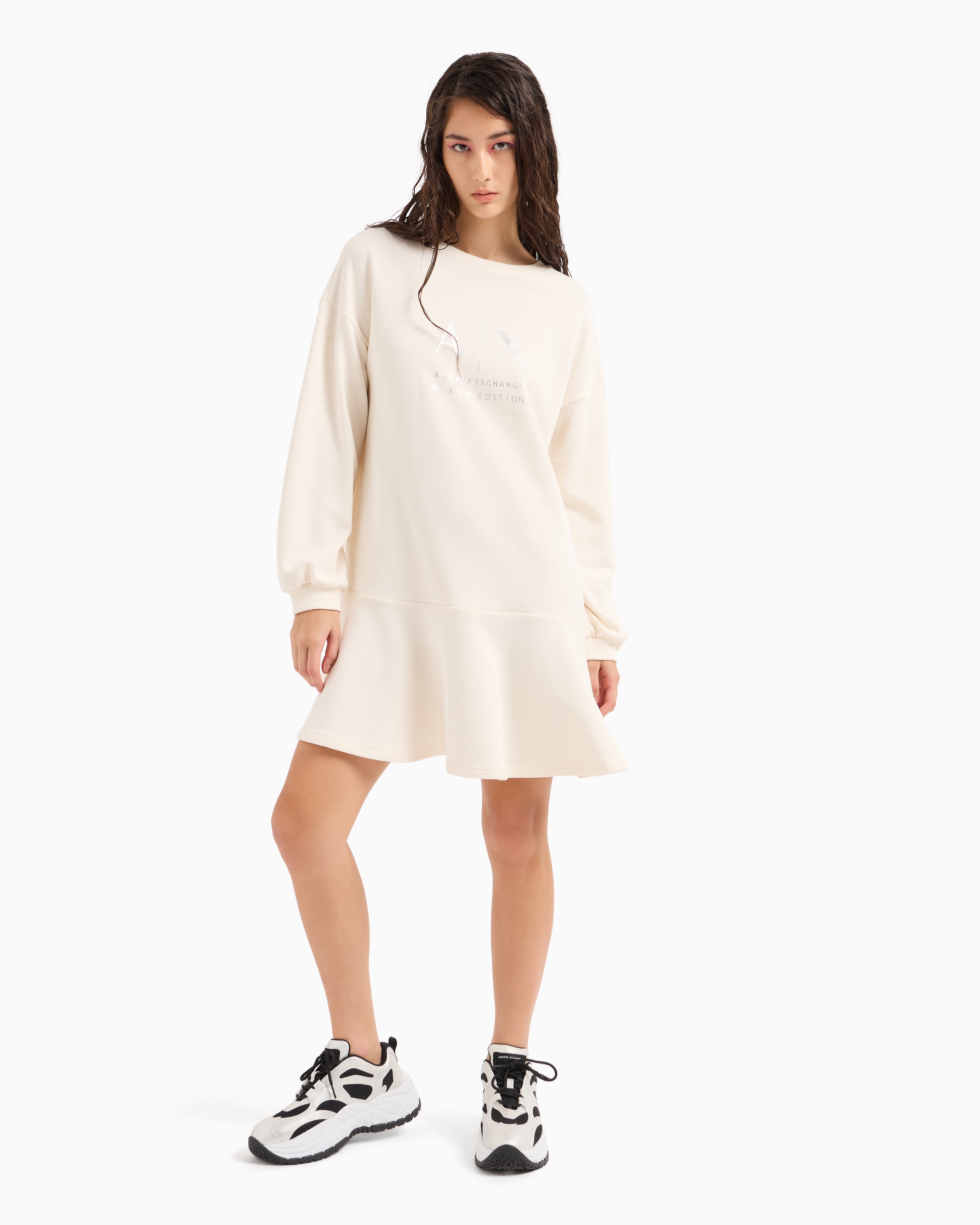 Shop Armani Exchange Oversized Dress With Soft Bottom And Metal Logo Print In White