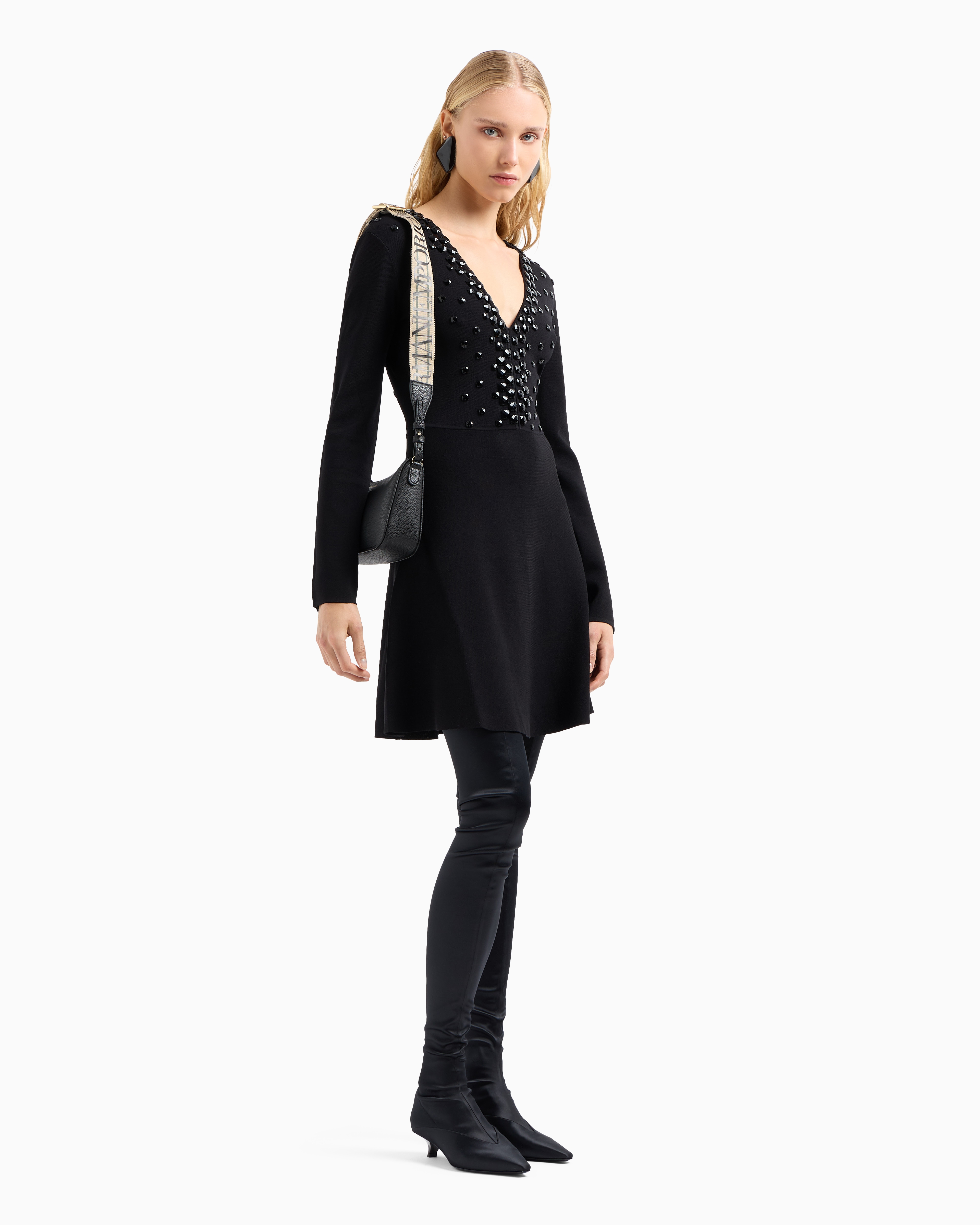 Shop Emporio Armani Milano-stitch Fabric, V-neck Dress With Cabochon Gemstones In Noir