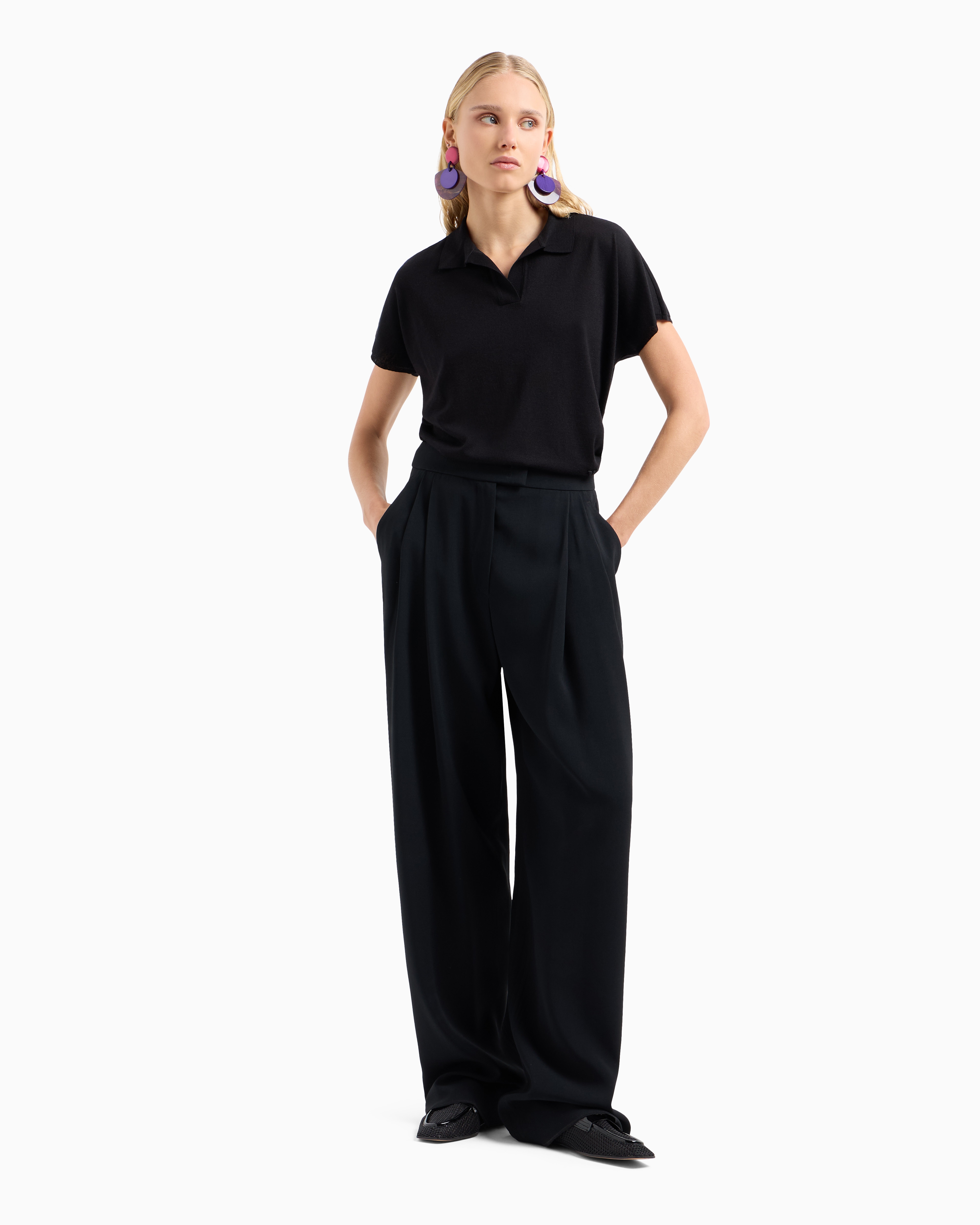 Emporio Armani Official Store Pullover Mit Polokragen Aus Schurwollgemisch Und Seide In Rechts-glattstrick-verarbei In Schwarz