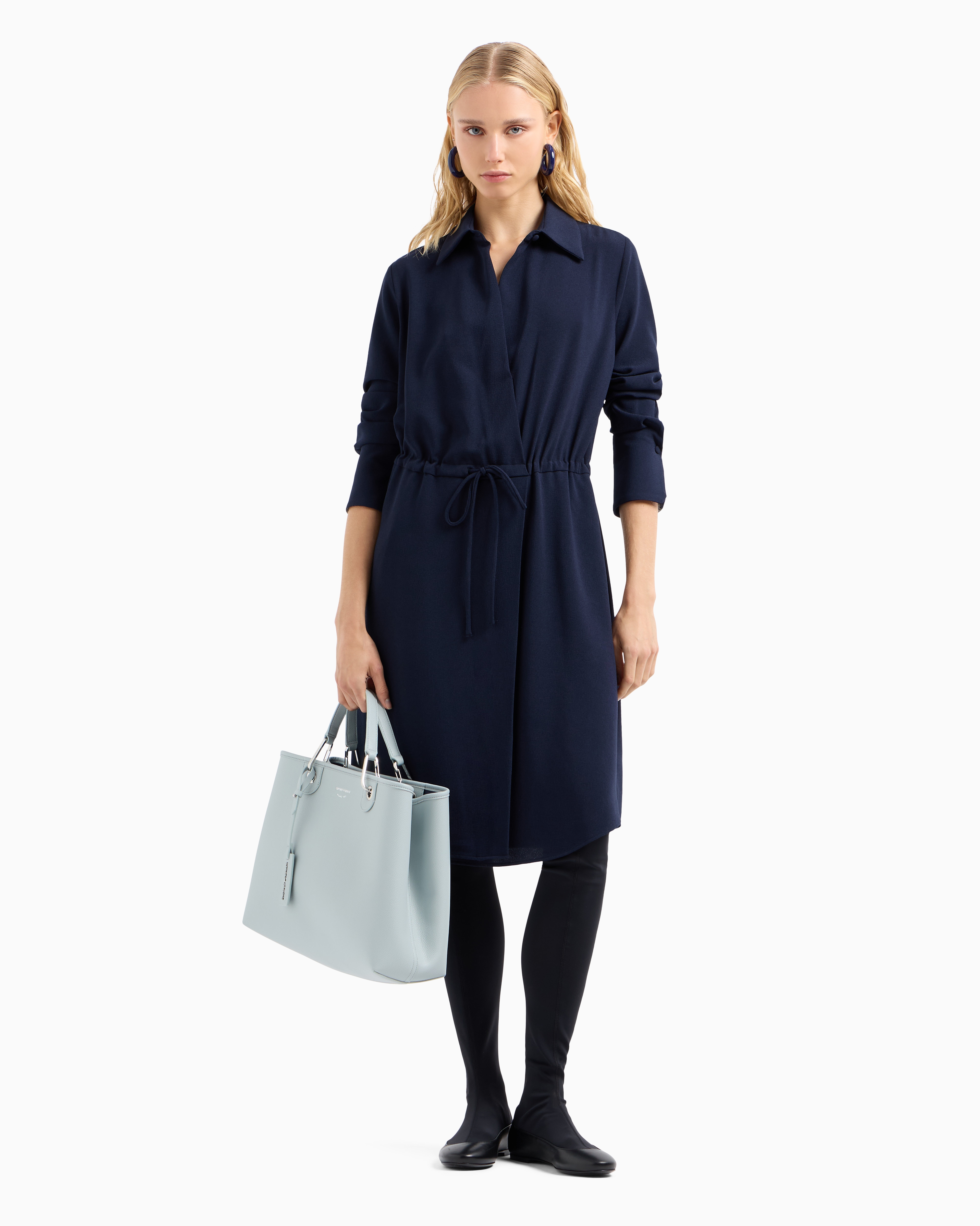 Emporio Armani Stretch Sablé Fabric Drawstring Dress In Blue