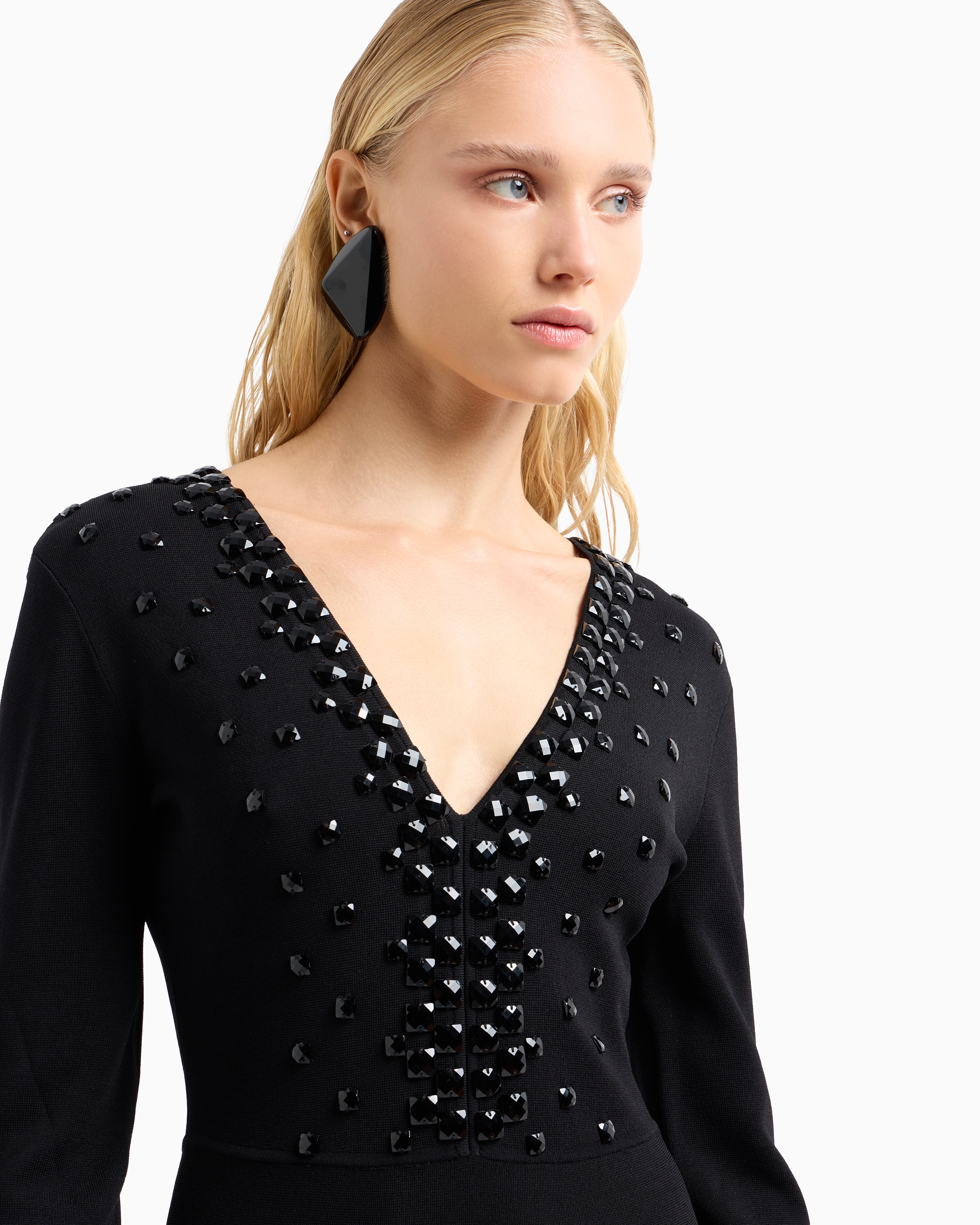 Shop Emporio Armani Milano-stitch Fabric, V-neck Dress With Cabochon Gemstones In Noir