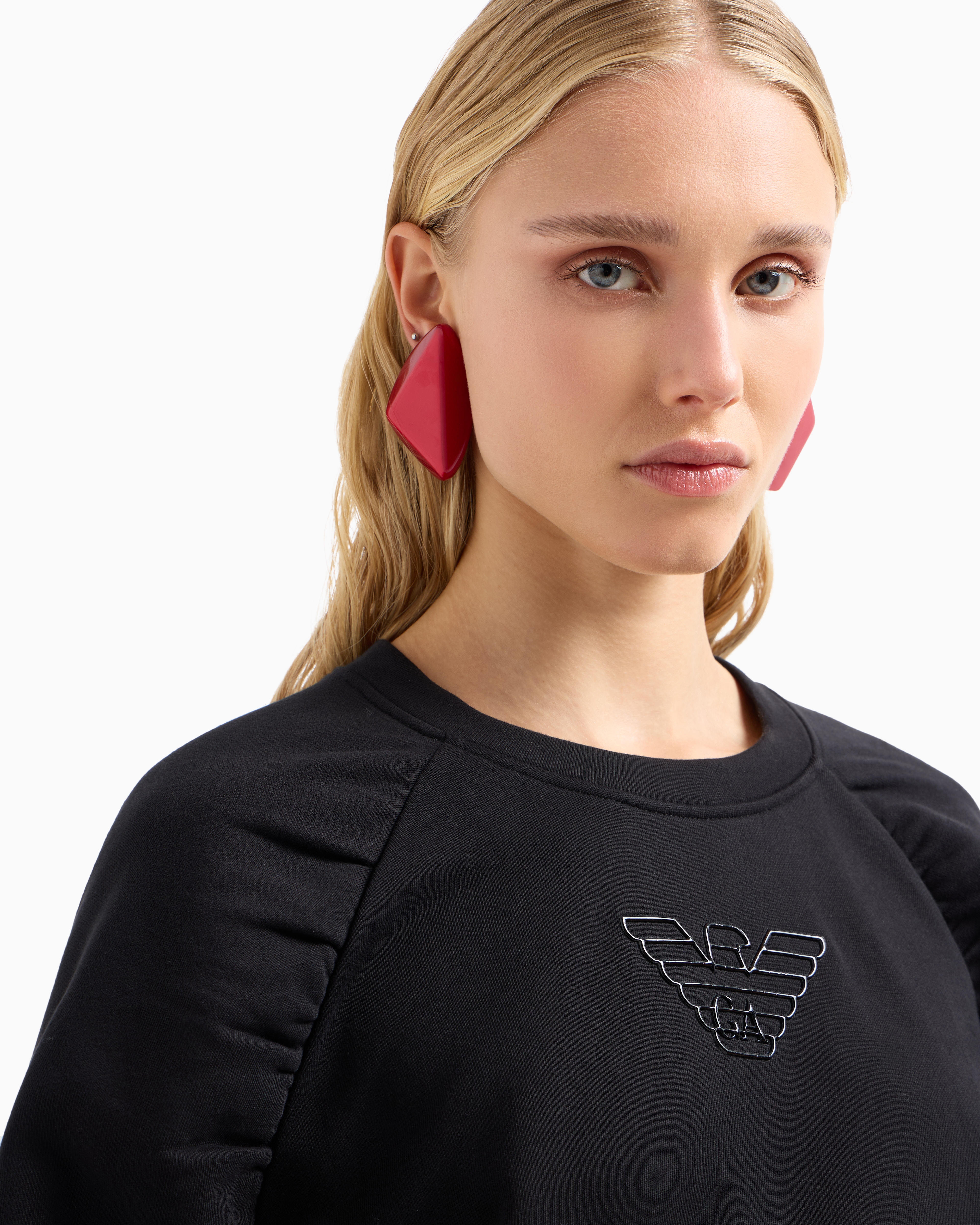 Shop Emporio Armani Asv Organic French Terry Sweatshirt With Shiny Rubberised Eagle In Black