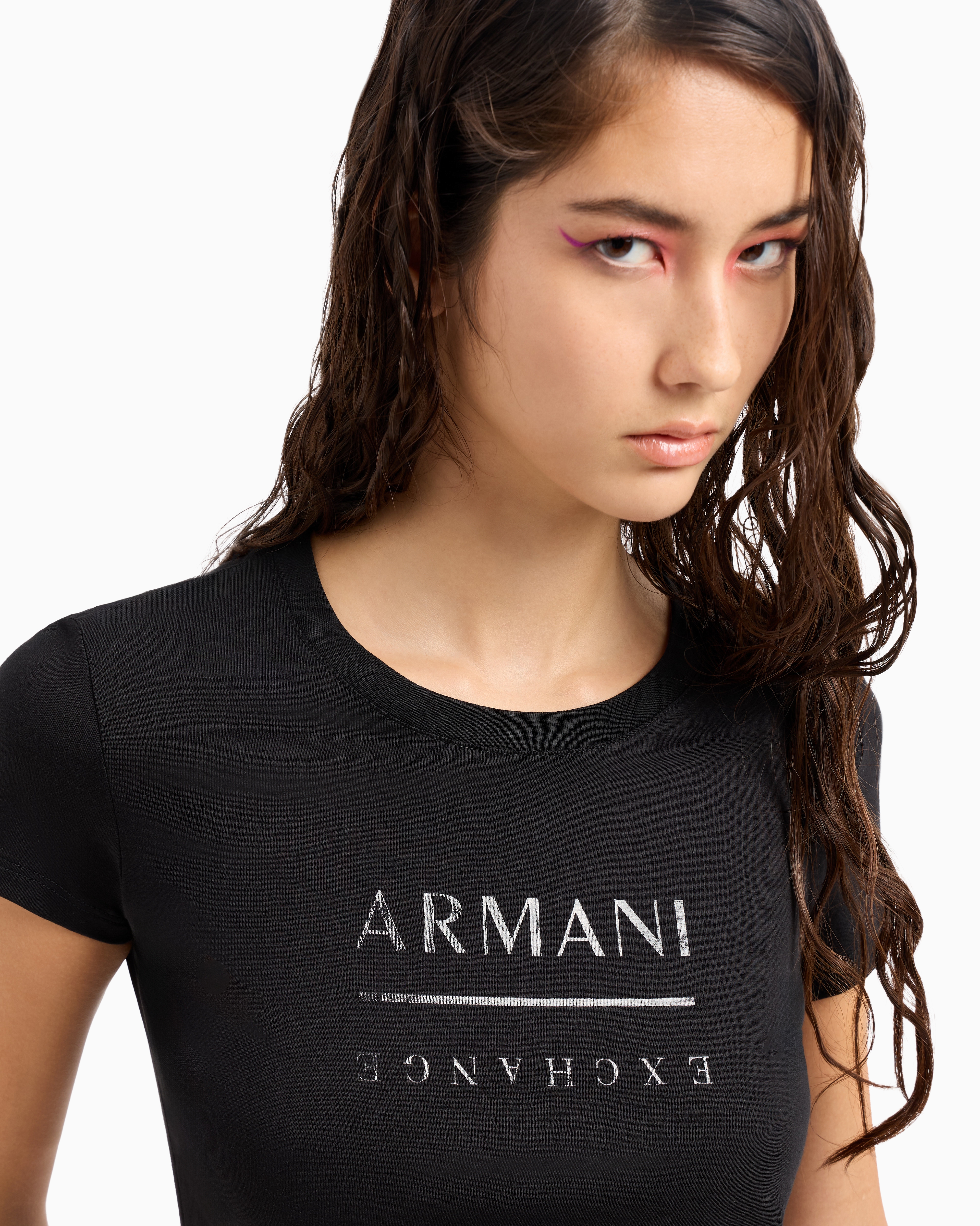 Shop Armani Exchange Slim Fit Pima Cotton T-shirt With Vinyl Effect Logo In Black