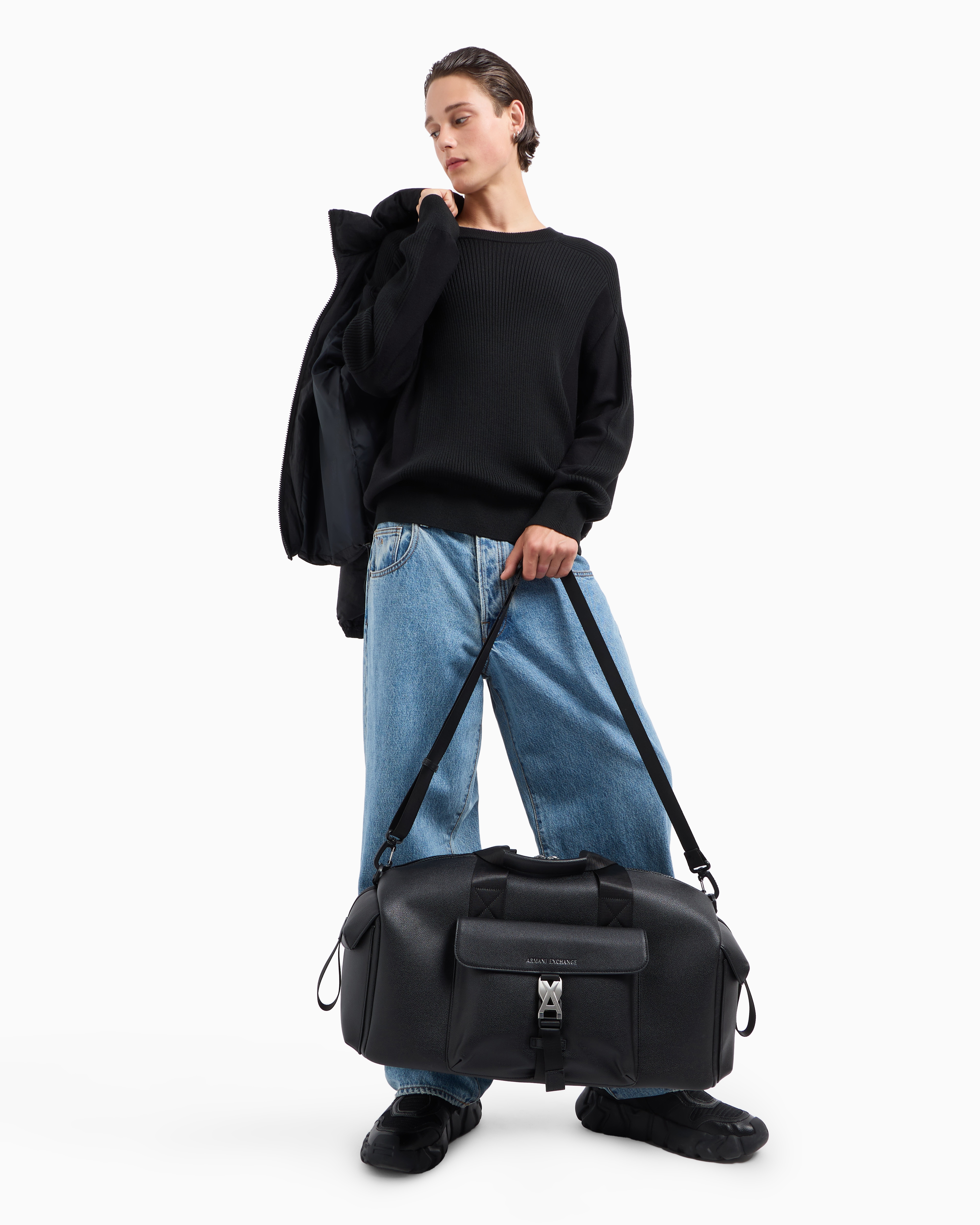 Giorgio Armani 最高級 黒 レザー トラベルバッグ ウィークエンド EMPORIO ARMANI エンポリオアルマーニ ボストンバッグ 2WAY