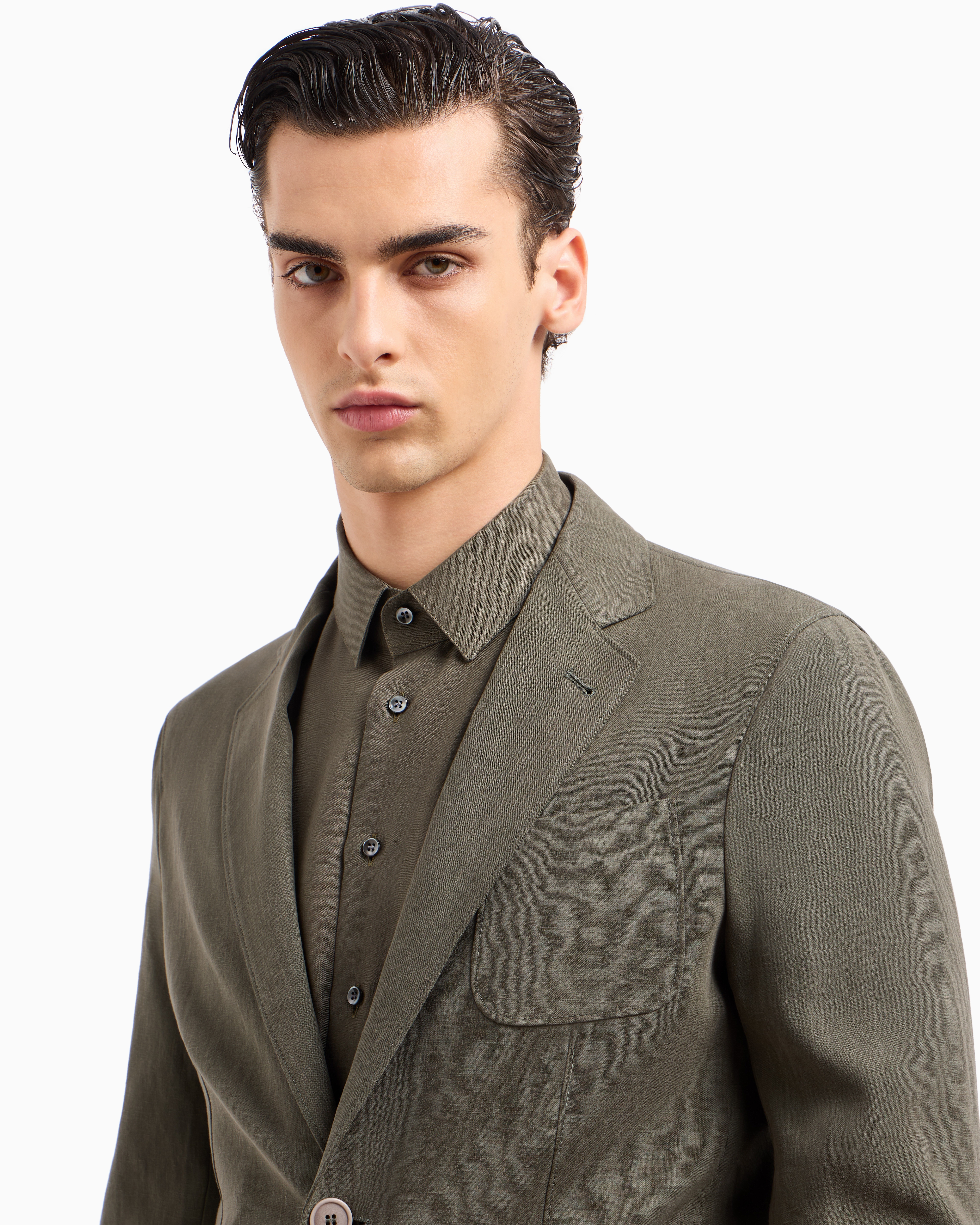 Giorgio Armani Official Store Upton Line Single-breasted Jacket In Pure Linen Canvas In Green