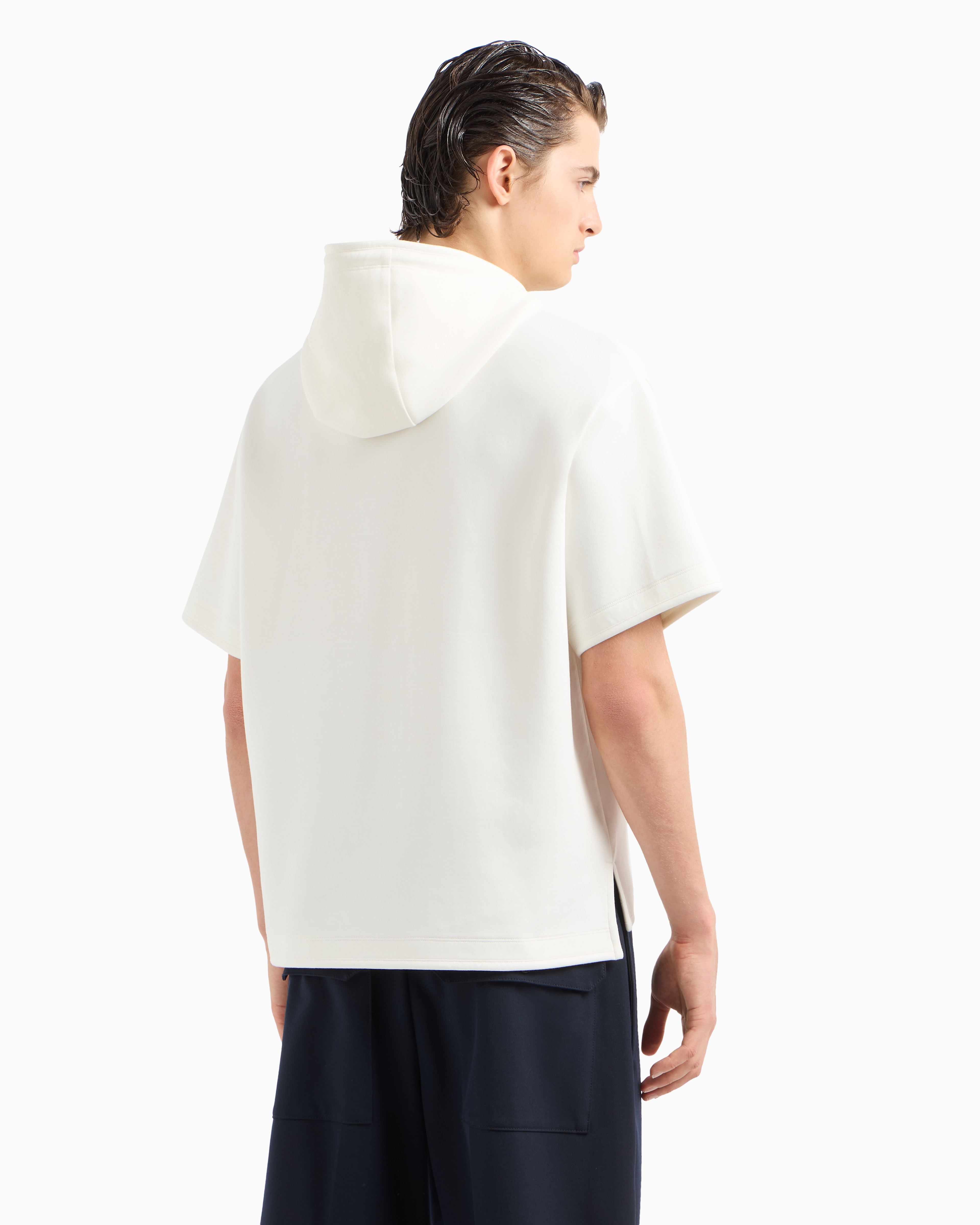 Emporio Armani Official Store Short-sleeved Double-jersey Hooded Sweatshirt With A Patch Pocket In White