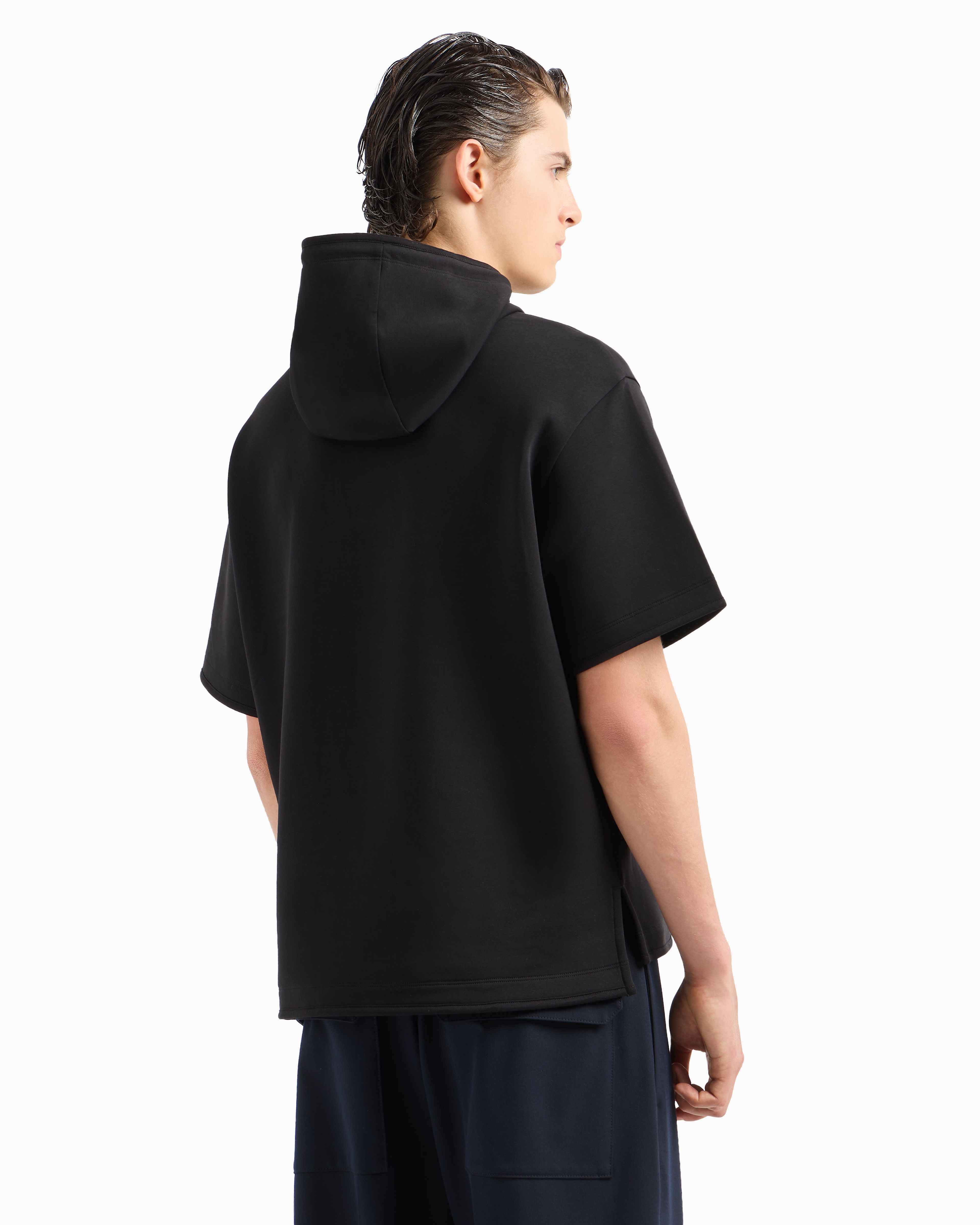 Shop Emporio Armani Short-sleeved Double-jersey Hooded Sweatshirt With A Patch Pocket In Black