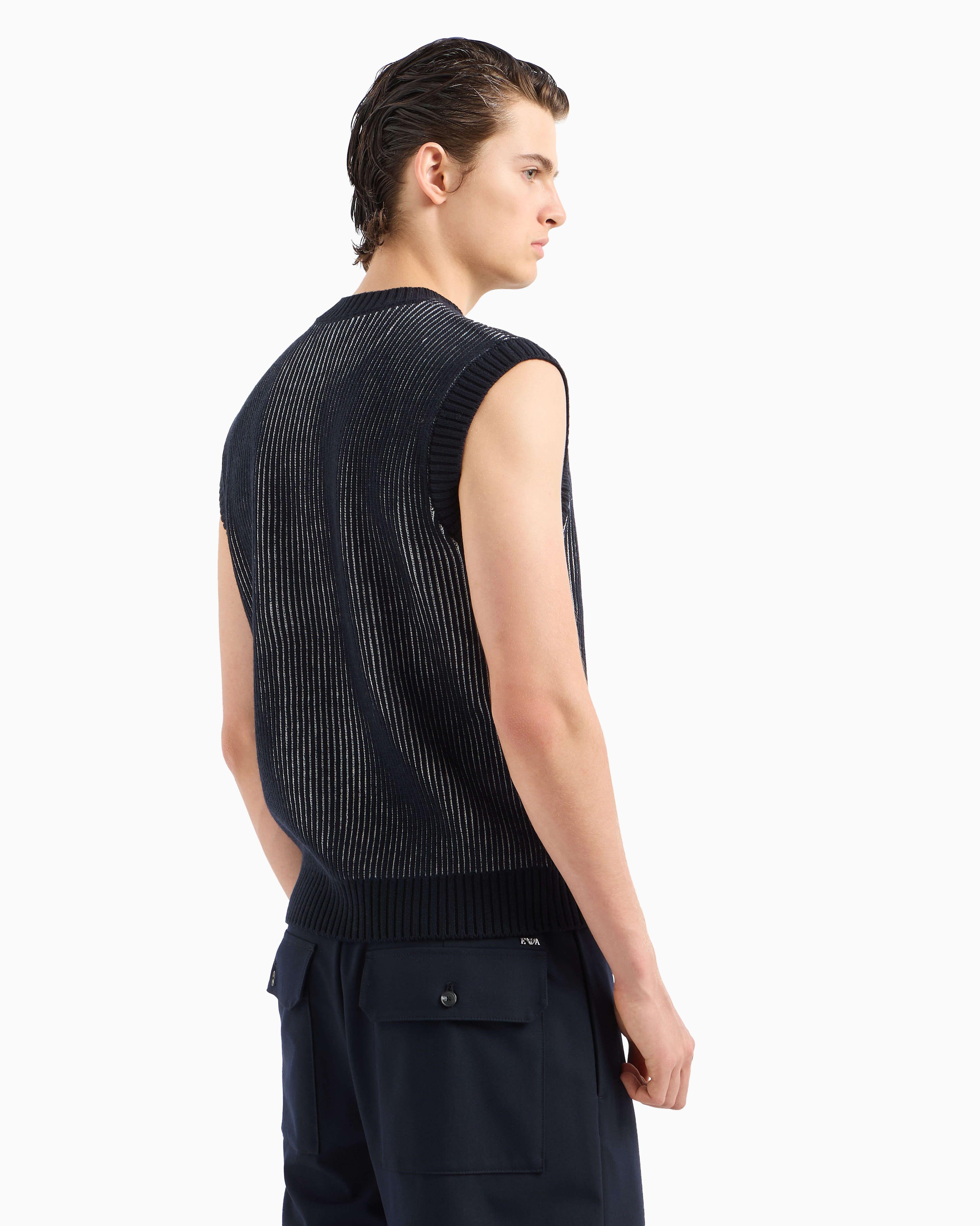 EMPORIO ARMANI TWO-TONE, FISHERMAN’S RIB-KNIT GILET IN A VIRGIN WOOL BLEND 