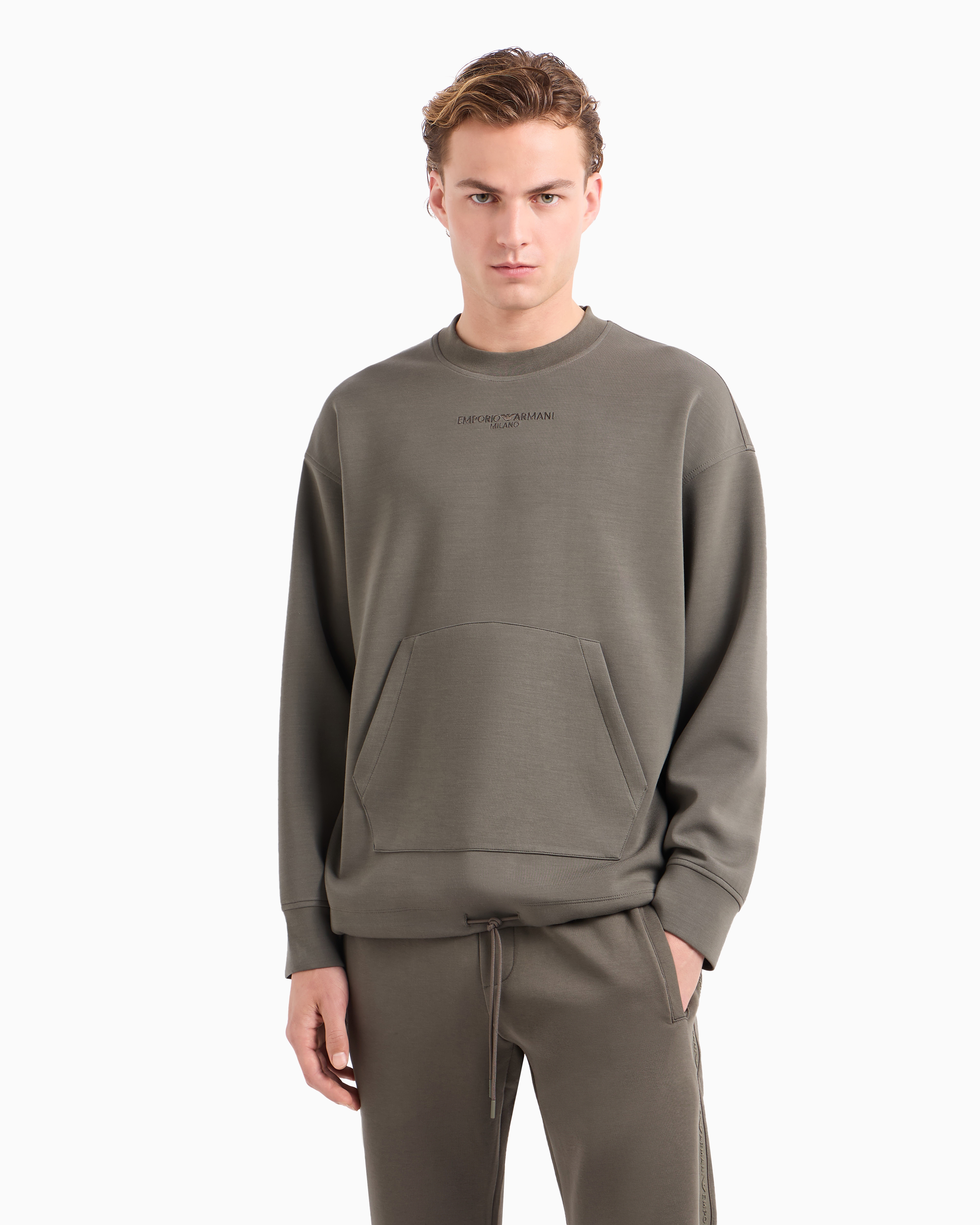 Emporio Armani Official Store Modal-blend Jersey Sweatshirt With Logo Embroidery And A Pouch Pocket In Military Green