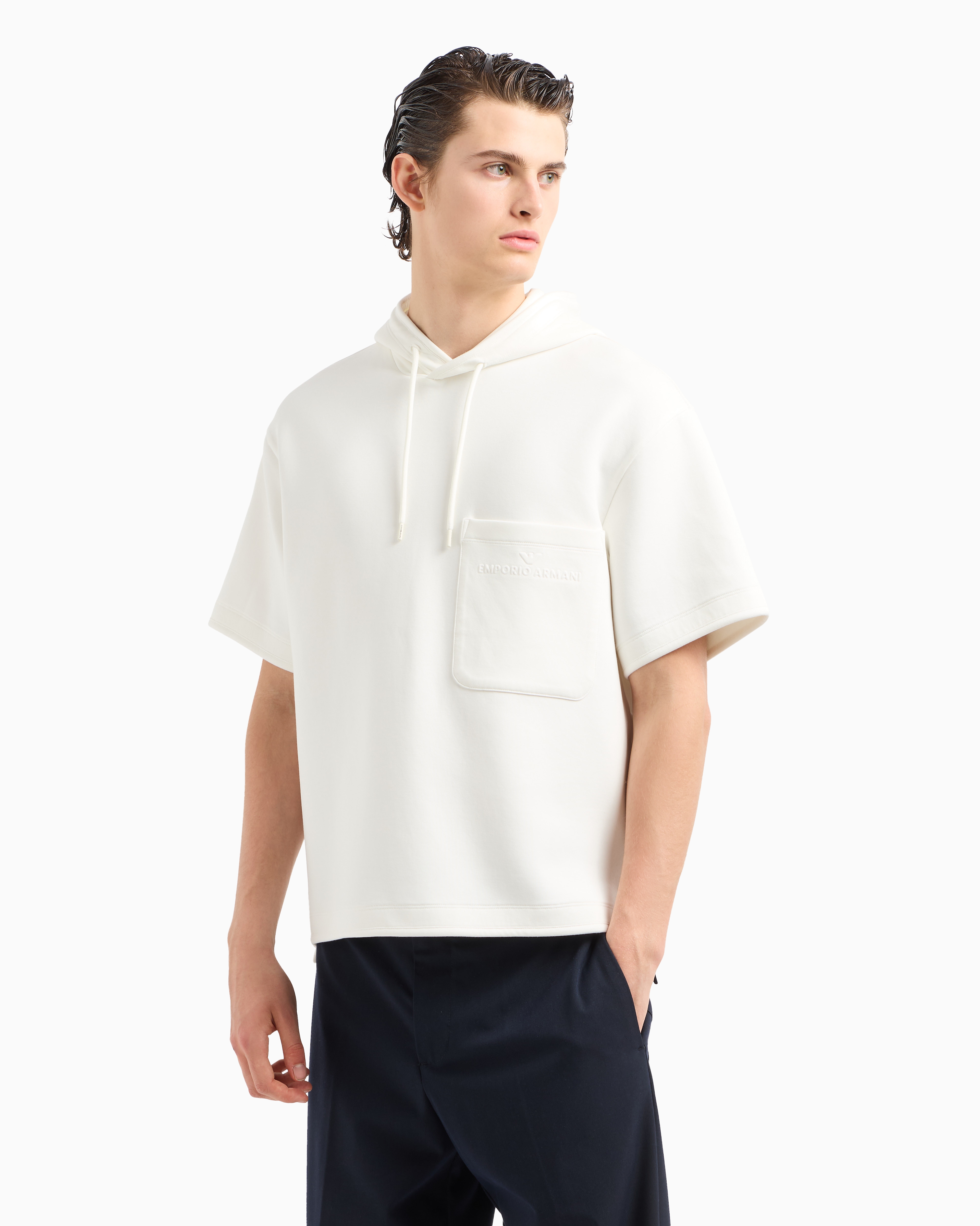Emporio Armani Official Store Short-sleeved Double-jersey Hooded Sweatshirt With A Patch Pocket In White