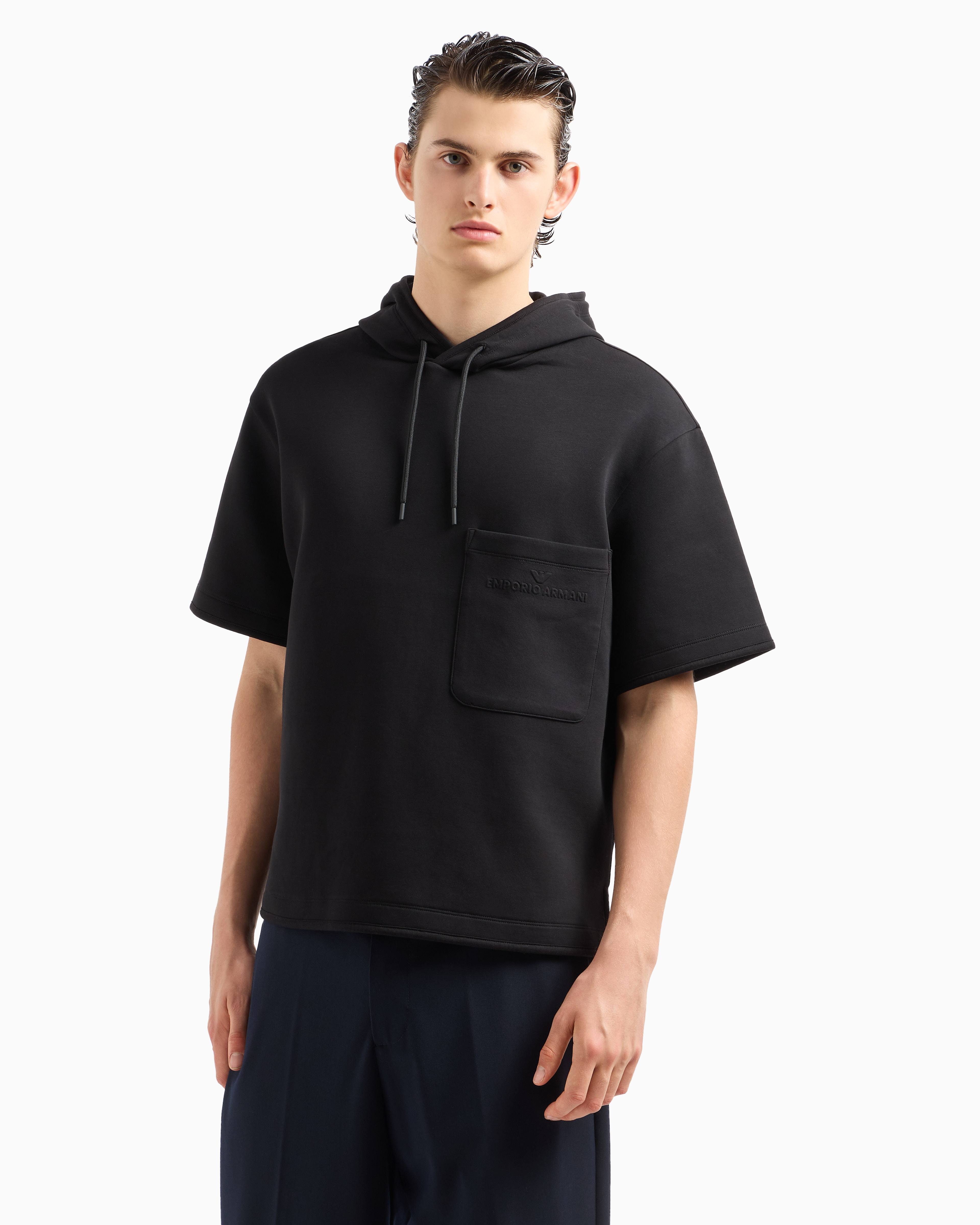 Shop Emporio Armani Short-sleeved Double-jersey Hooded Sweatshirt With A Patch Pocket In Black