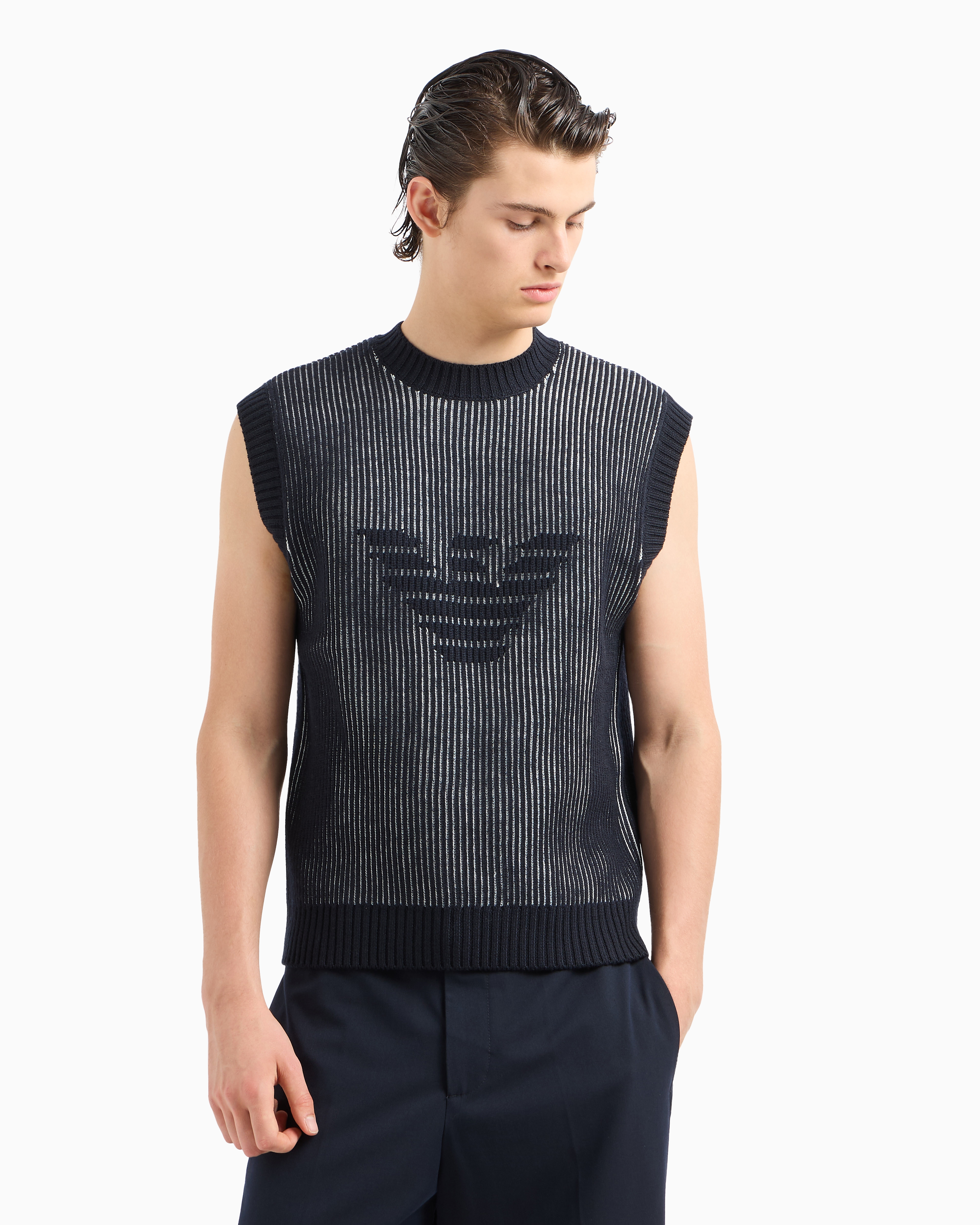 EMPORIO ARMANI TWO-TONE, FISHERMAN’S RIB-KNIT GILET IN A VIRGIN WOOL BLEND 