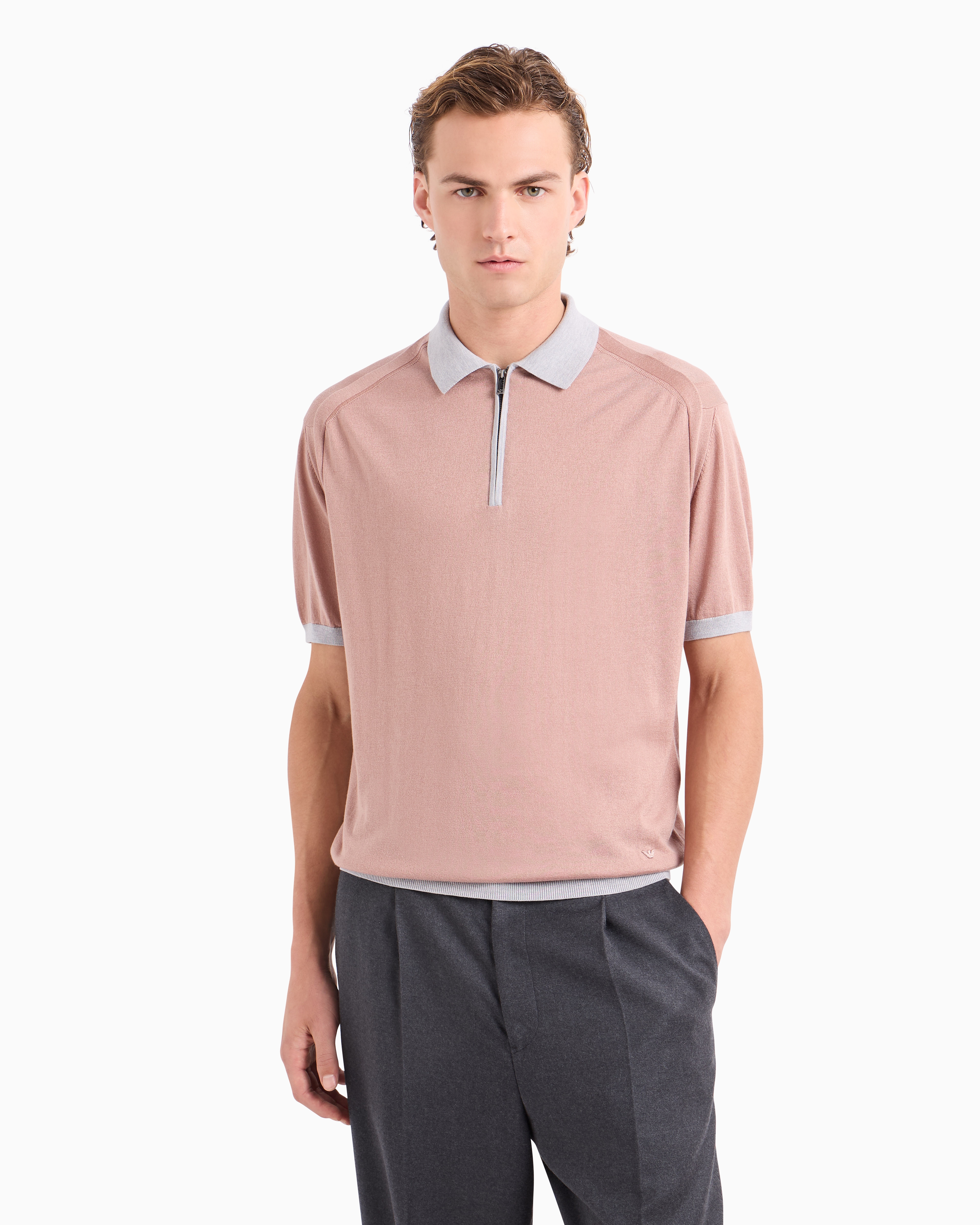 Shop Emporio Armani Asv Lyocell Blend And Virgin Wool Zip-up Polo-shirt Collar Jumper In Rose