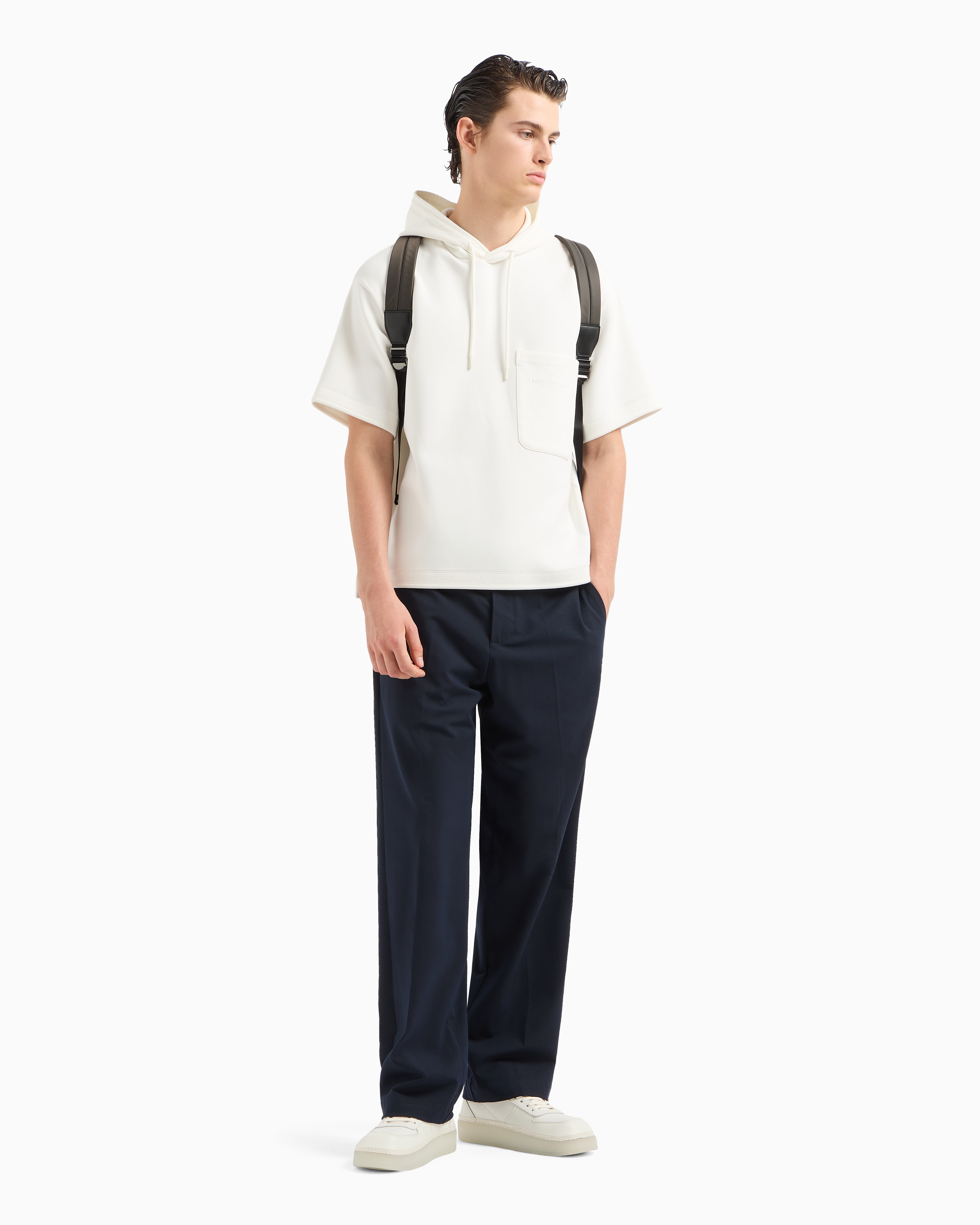 Emporio Armani Official Store Short-sleeved Double-jersey Hooded Sweatshirt With A Patch Pocket In White
