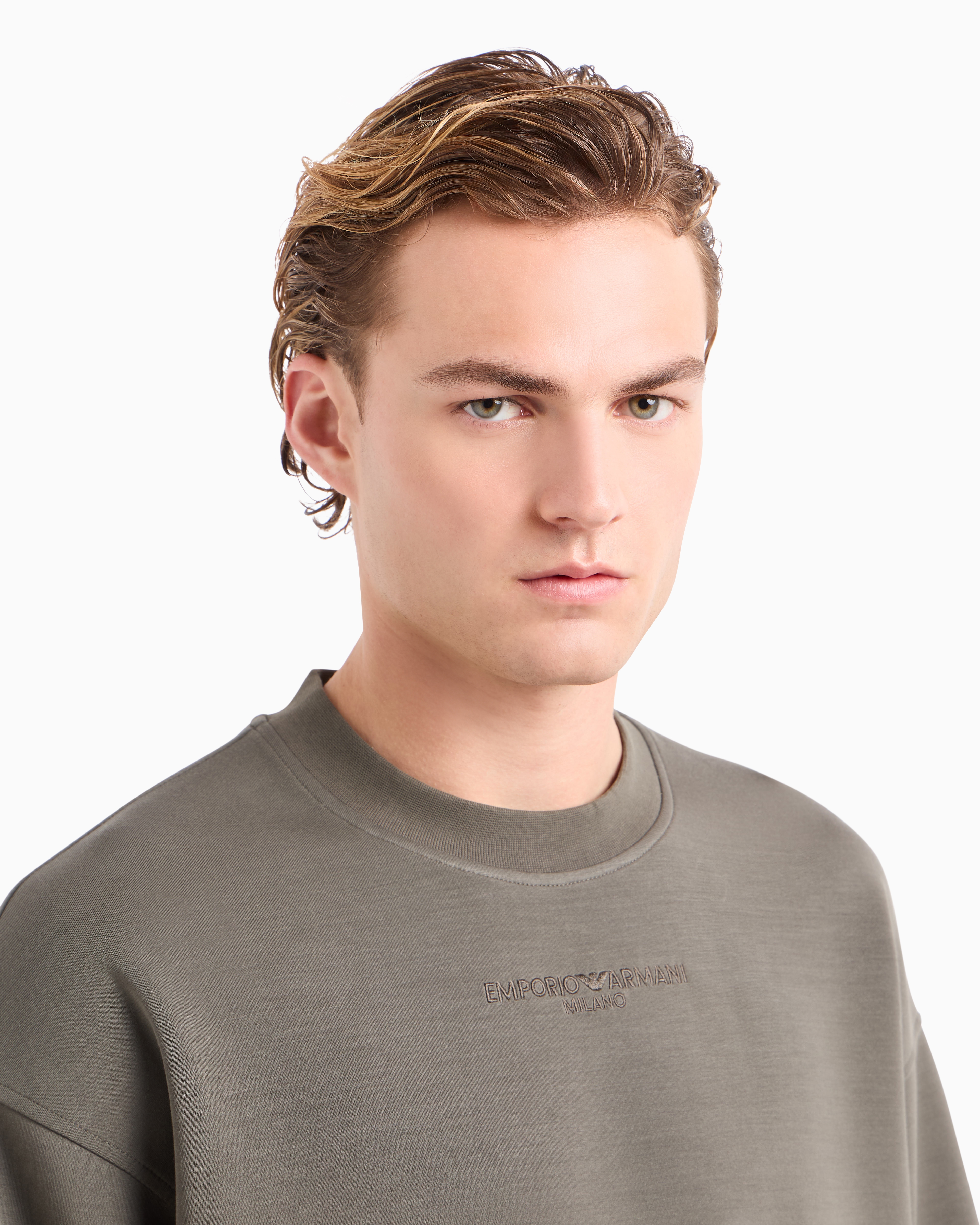 Emporio Armani Official Store Modal-blend Jersey Sweatshirt With Logo Embroidery And A Pouch Pocket In Military Green