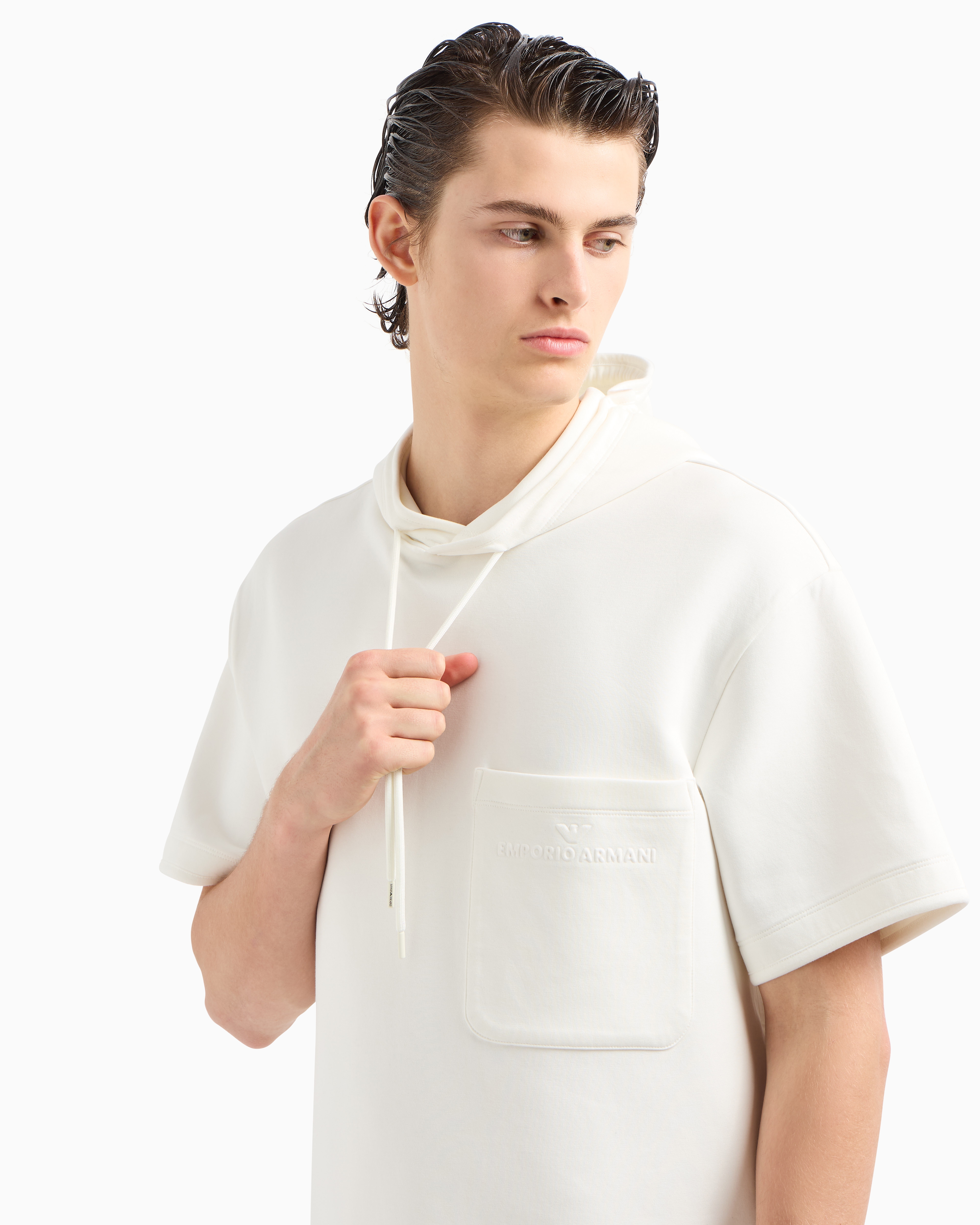 Emporio Armani Official Store Short-sleeved Double-jersey Hooded Sweatshirt With A Patch Pocket In White