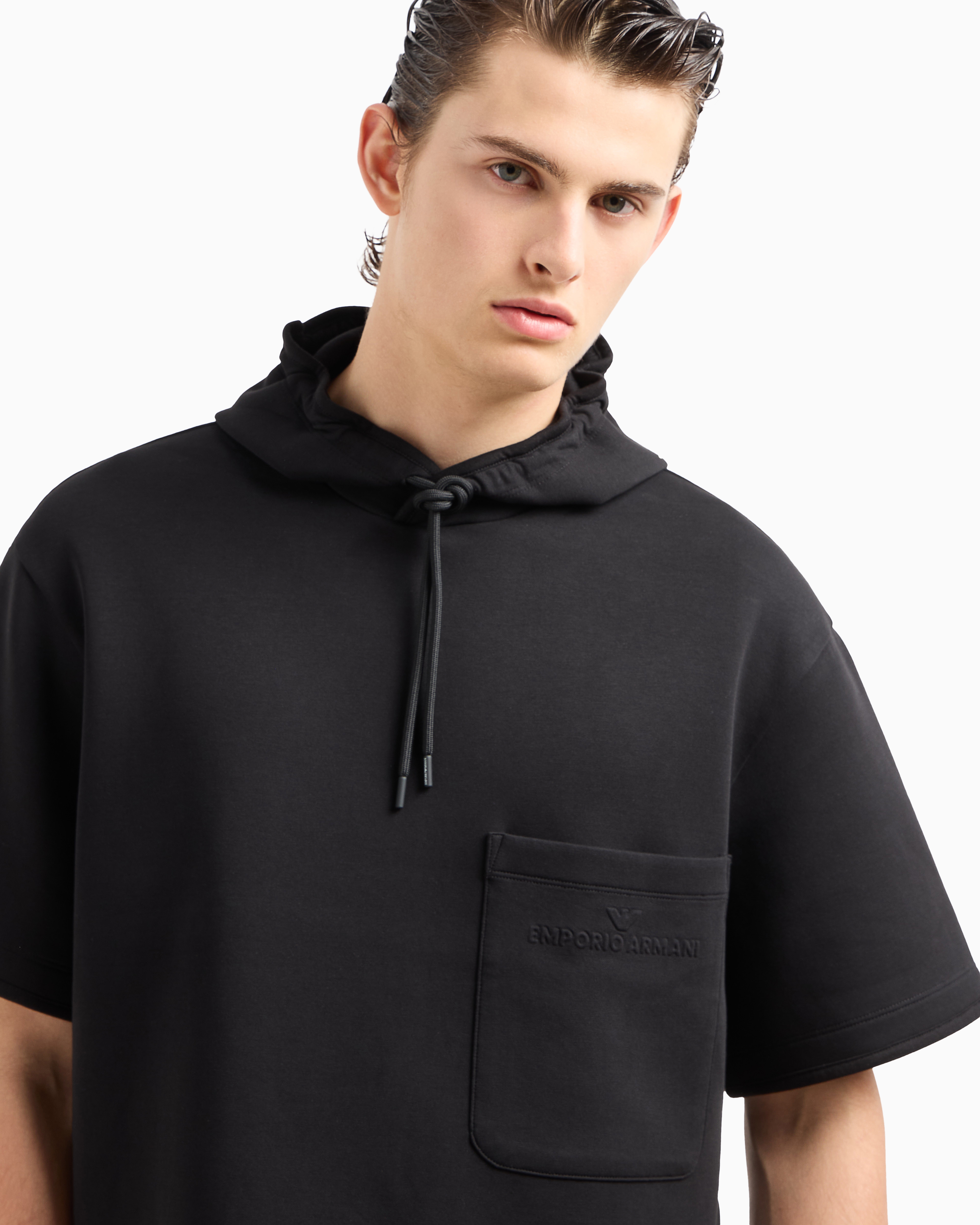 Shop Emporio Armani Short-sleeved Double-jersey Hooded Sweatshirt With A Patch Pocket In Black