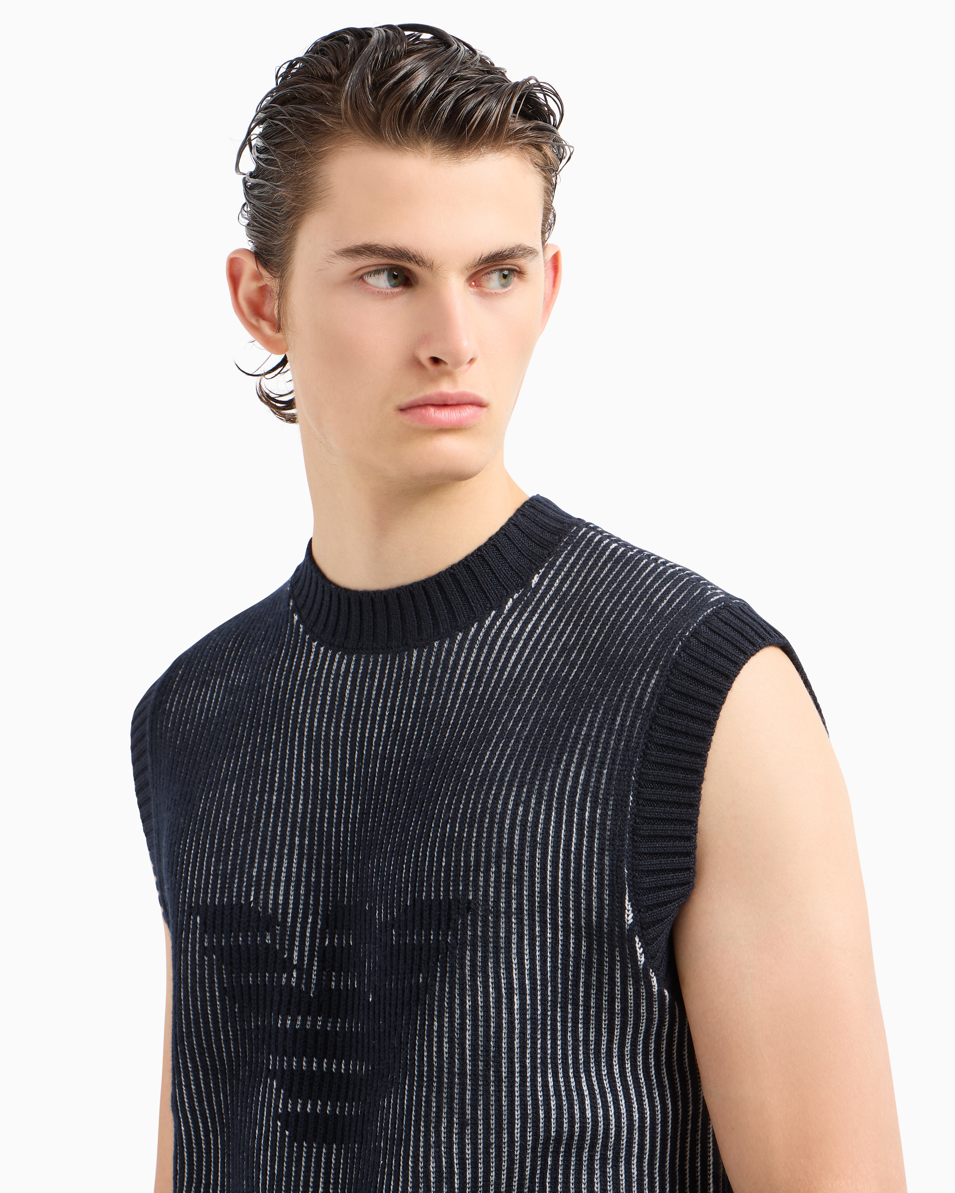 Shop Emporio Armani Two-tone, Fisherman's Rib-knit Gilet In A Virgin Wool Blend In Navy Blue