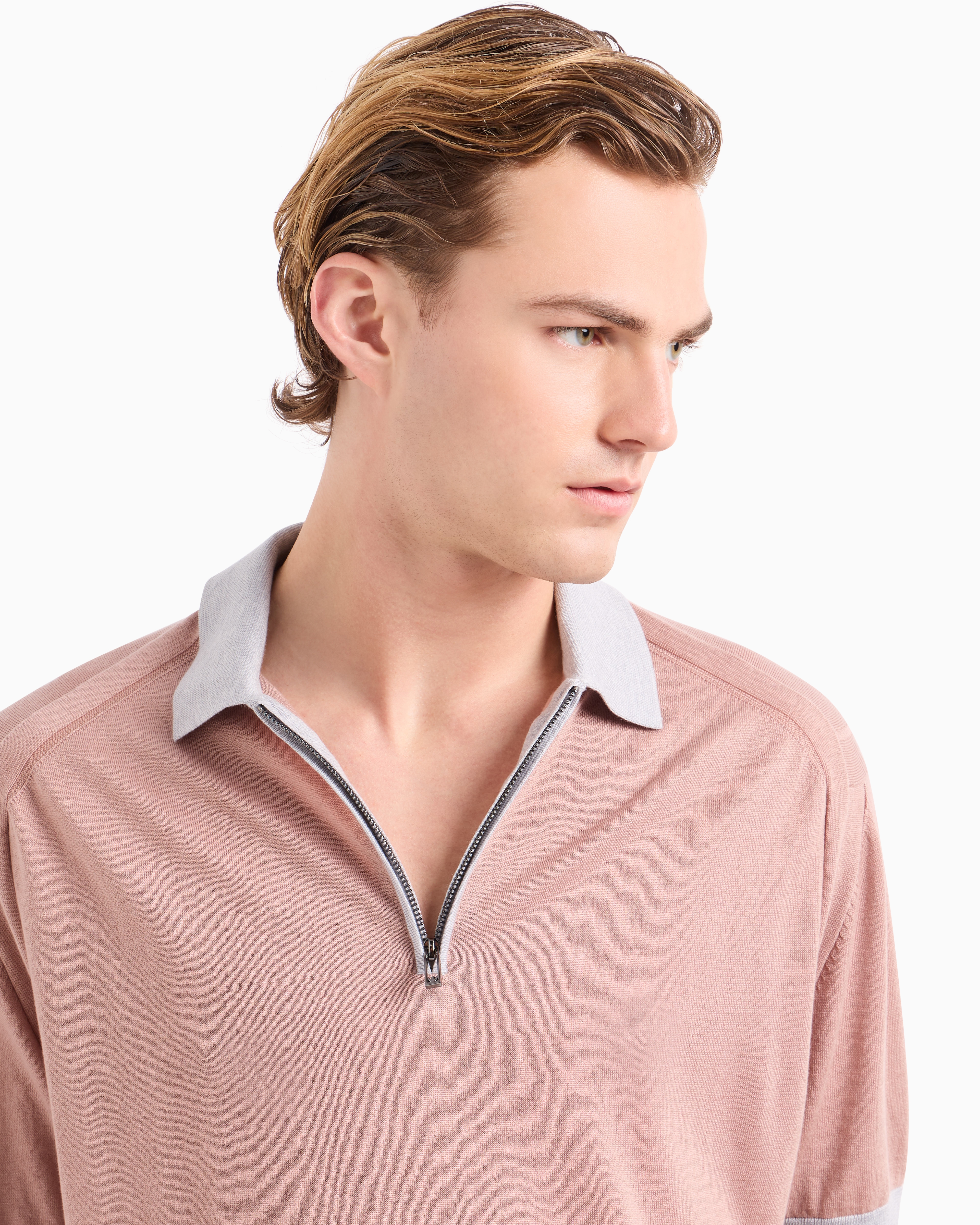 Shop Emporio Armani Asv Lyocell Blend And Virgin Wool Zip-up Polo-shirt Collar Jumper In Rose