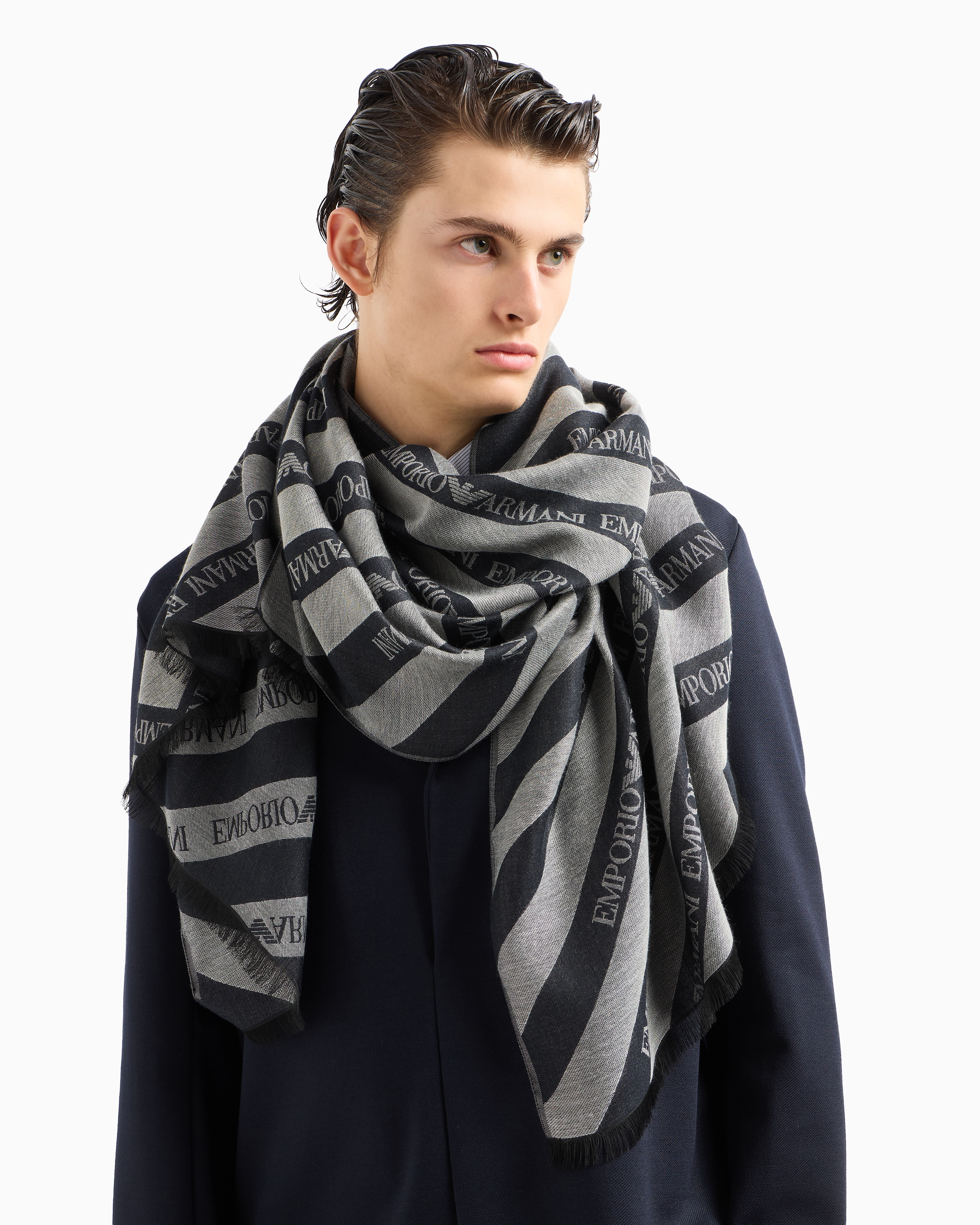 Shop Emporio Armani Jacquard Modal-blend Stole With Diagonal Logo Motif In Grey