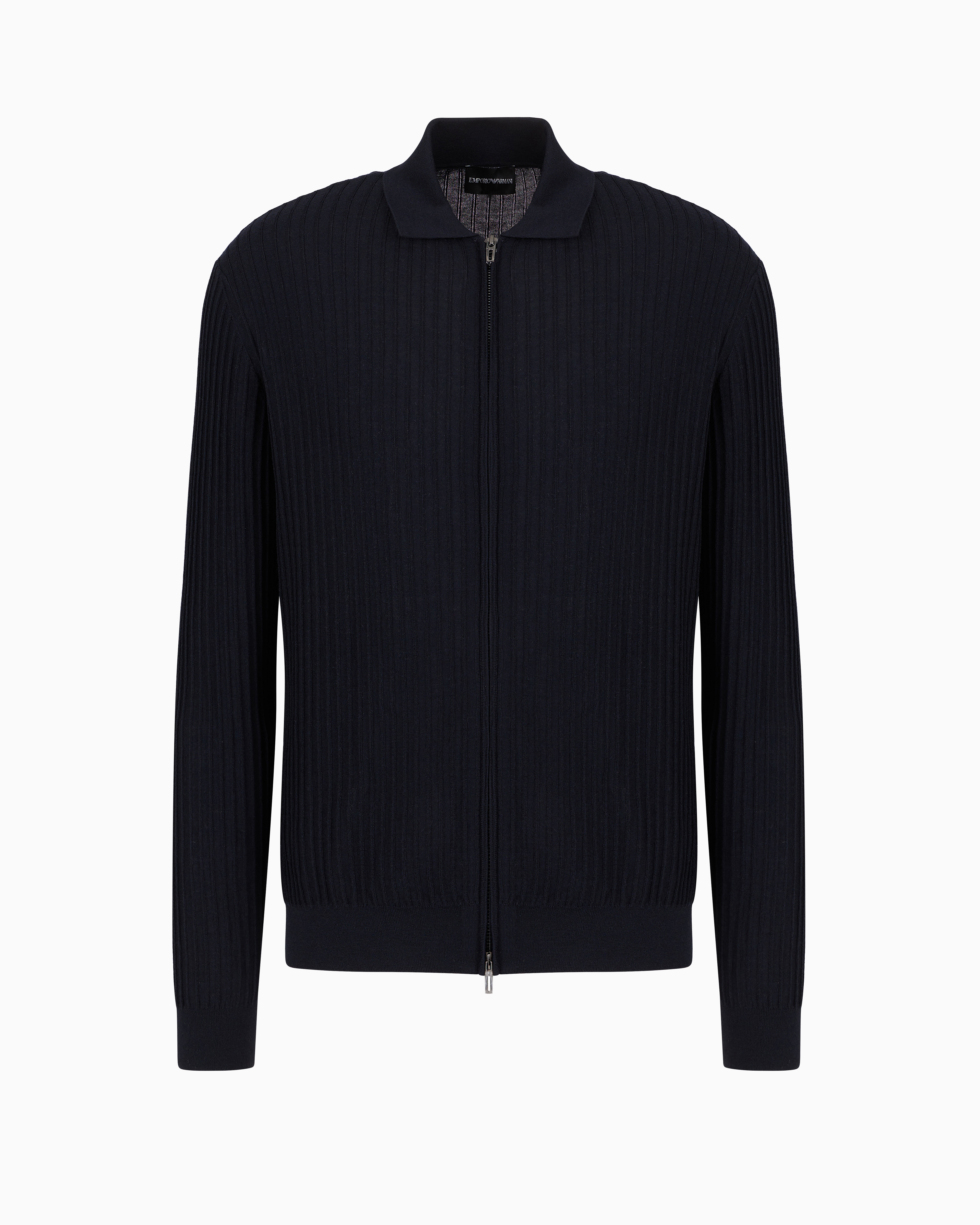 Emporio Armani Official Store Travel Essentials Virgin-wool Cardigan With Zip And Rib Effect In Navy Blue