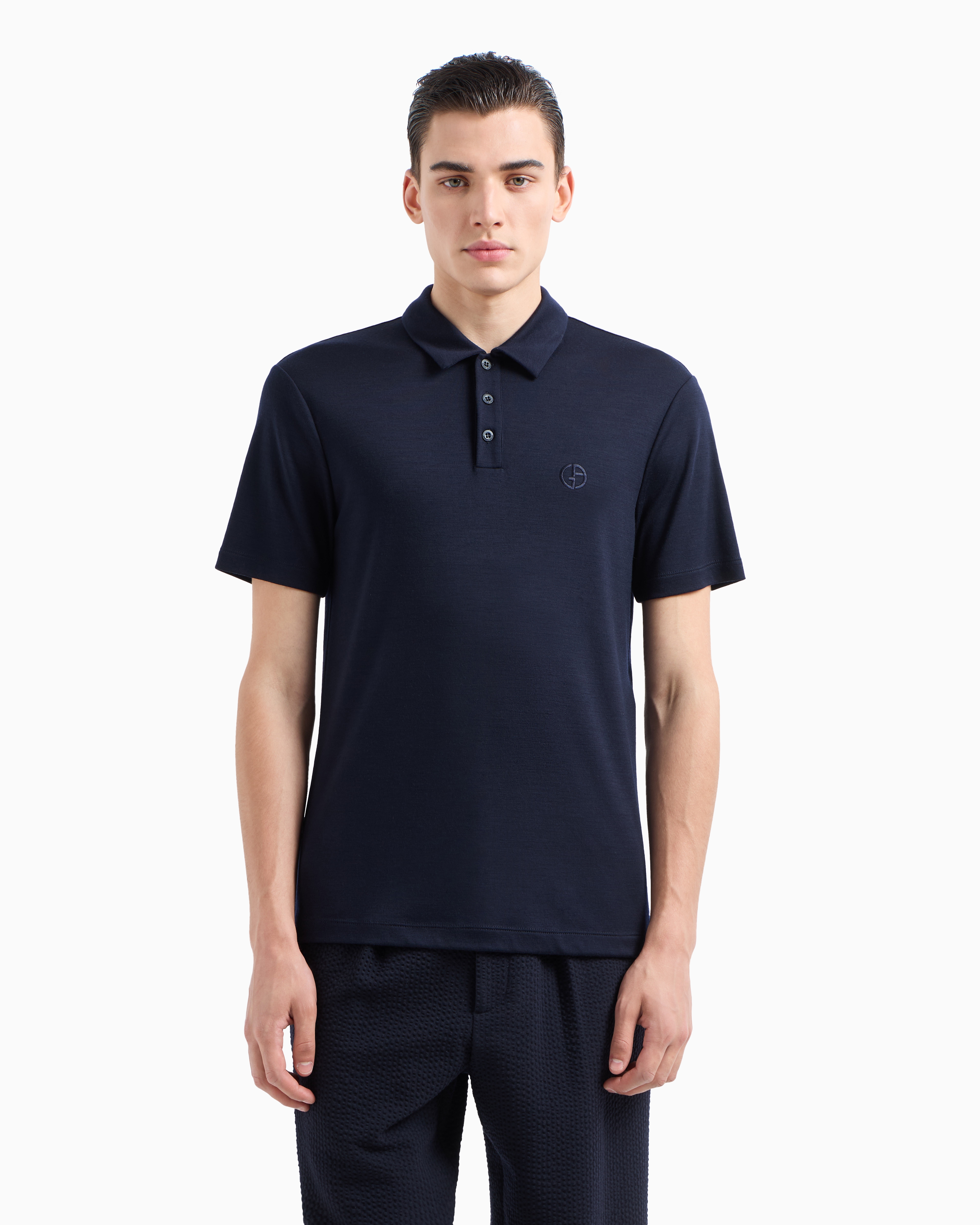 Giorgio Armani Short-sleeved Polo Shirt In Virgin-wool Interlock In Blue
