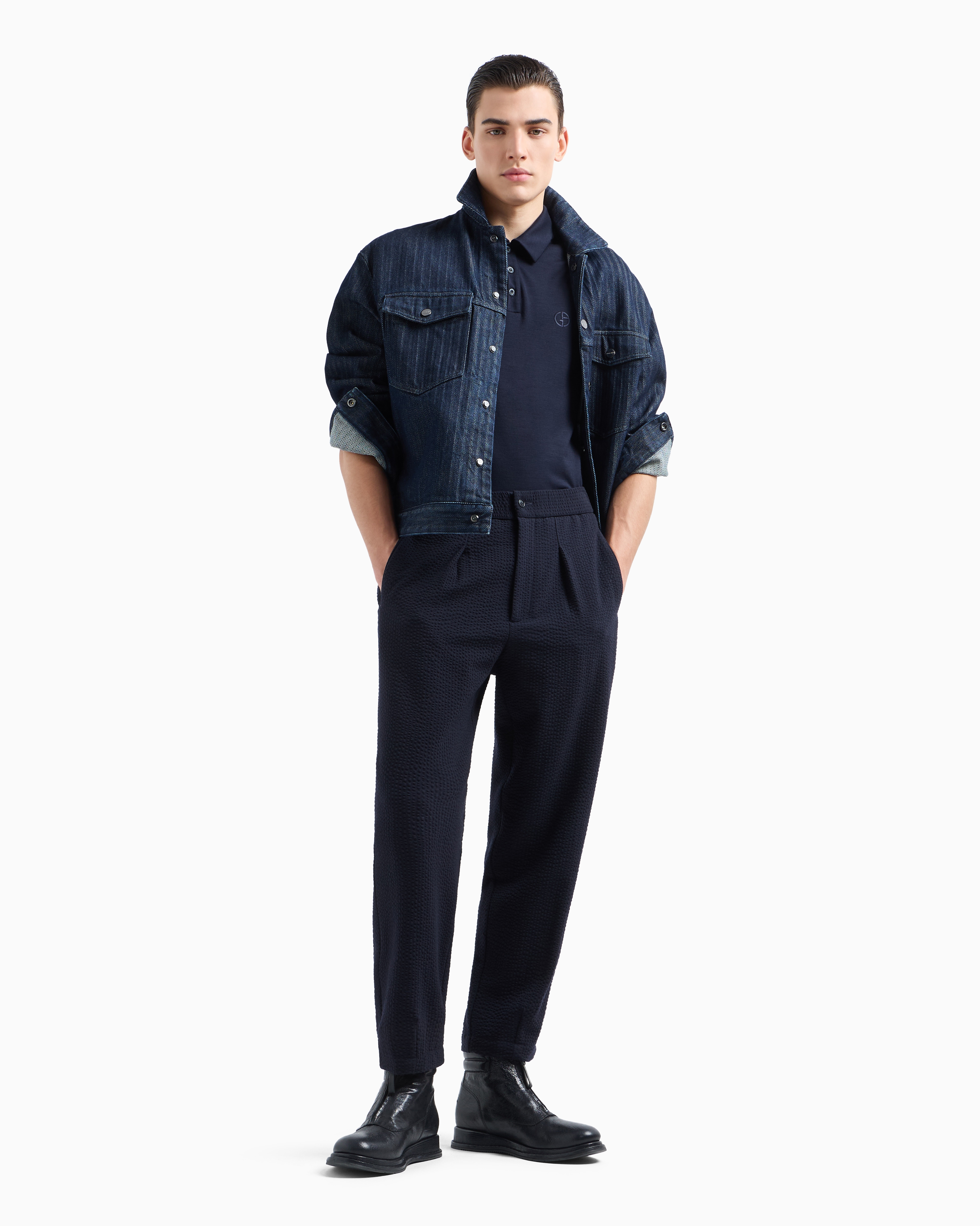 Giorgio Armani Short-sleeved Polo Shirt In Virgin-wool Interlock In Blue