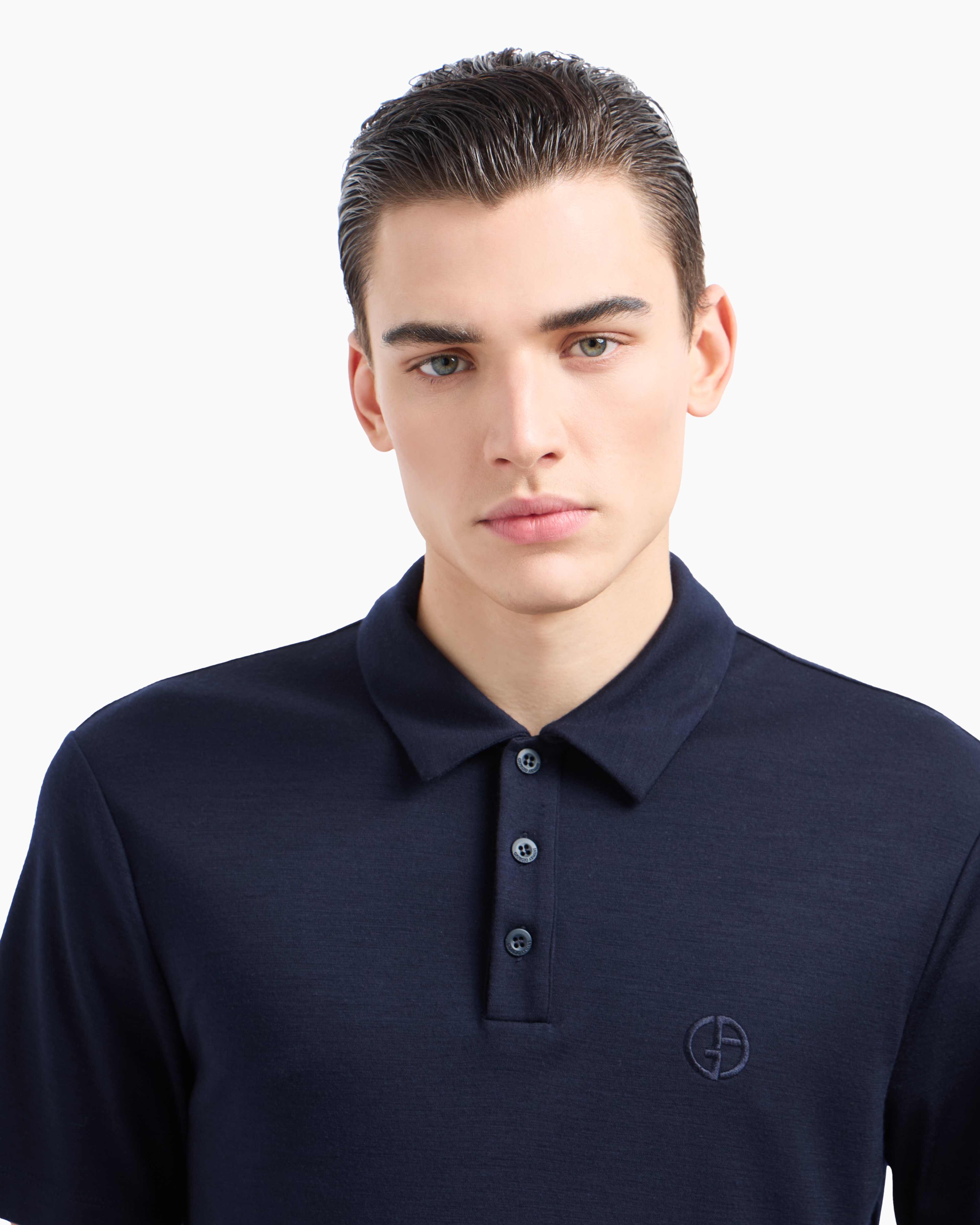 Giorgio Armani Short-sleeved Polo Shirt In Virgin-wool Interlock In Blue