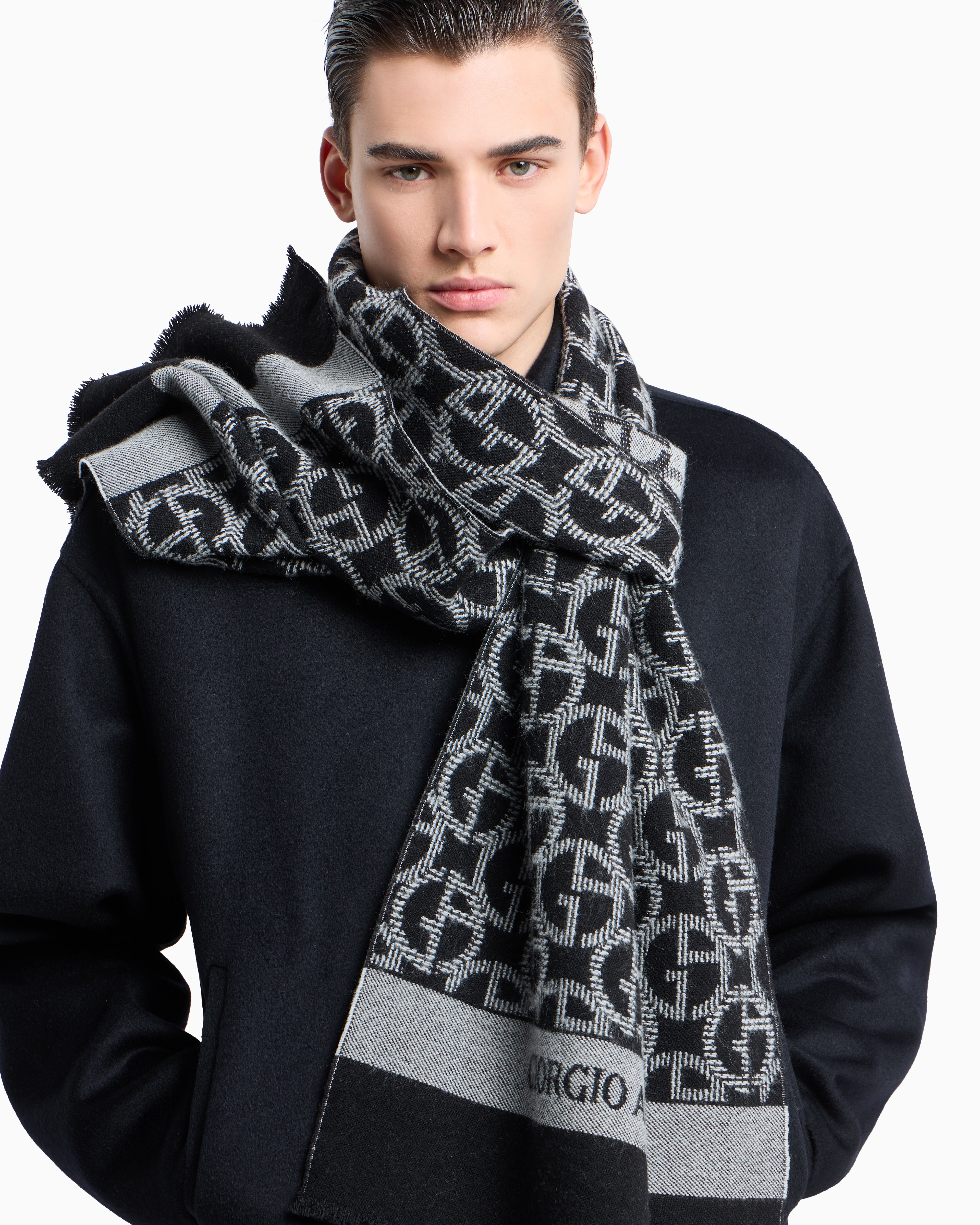 Giorgio Armani Official Store Wool Scarf With Jacquard Monogram In Pattern