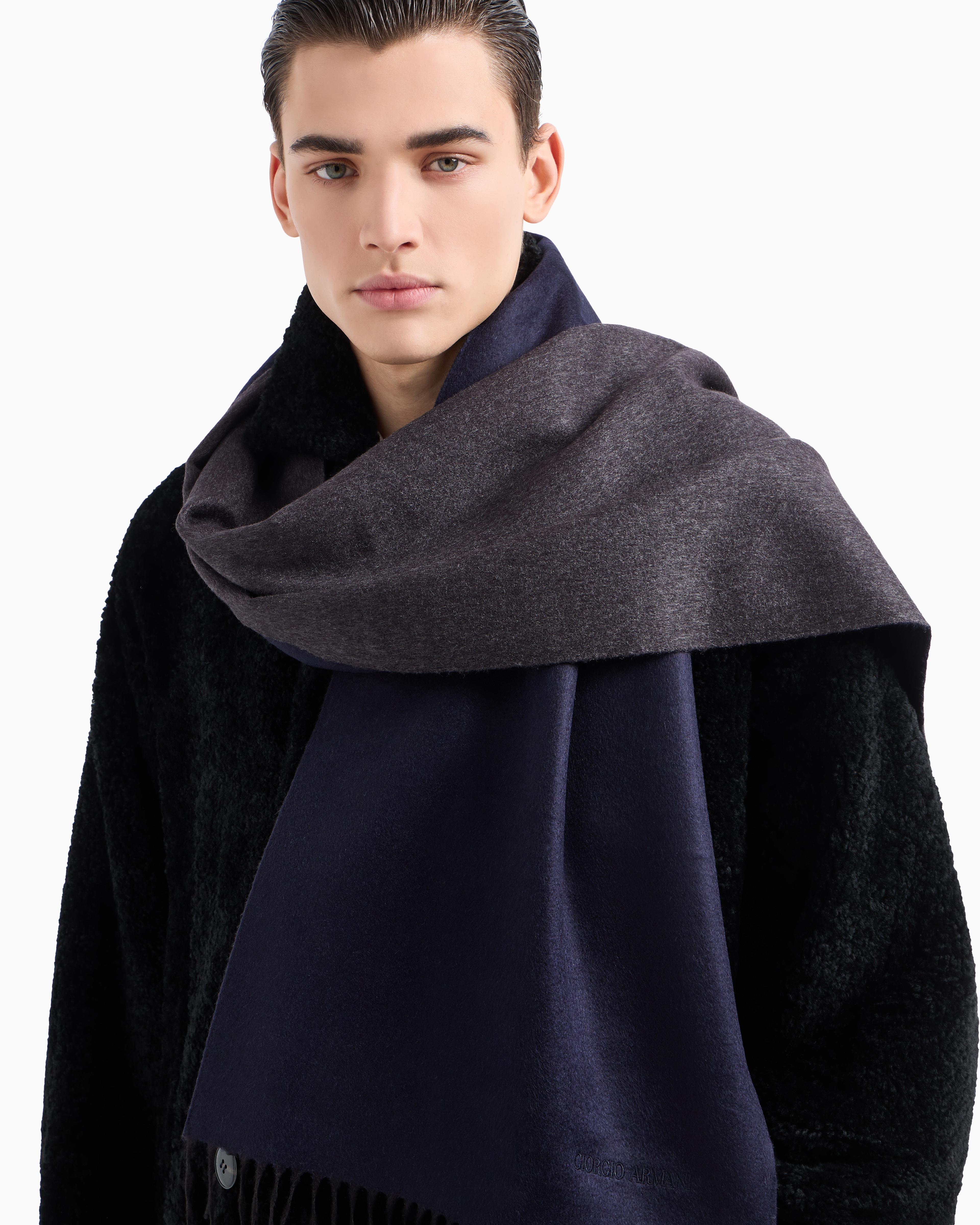 Giorgio Armani Official Store Two-tone Wool And Silk Scarf In Blue