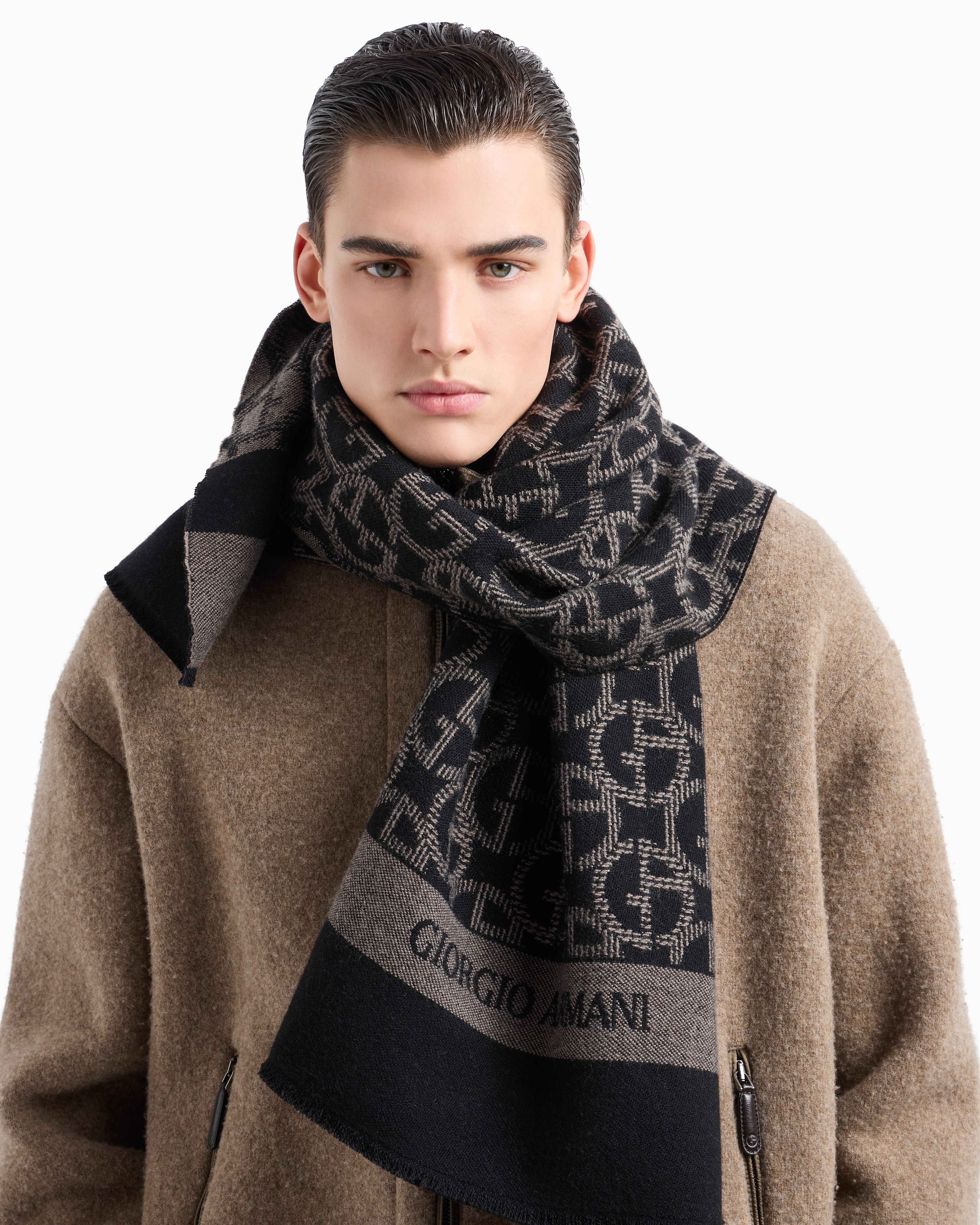 Giorgio Armani Official Store Wool Scarf With Jacquard Monogram In Brown