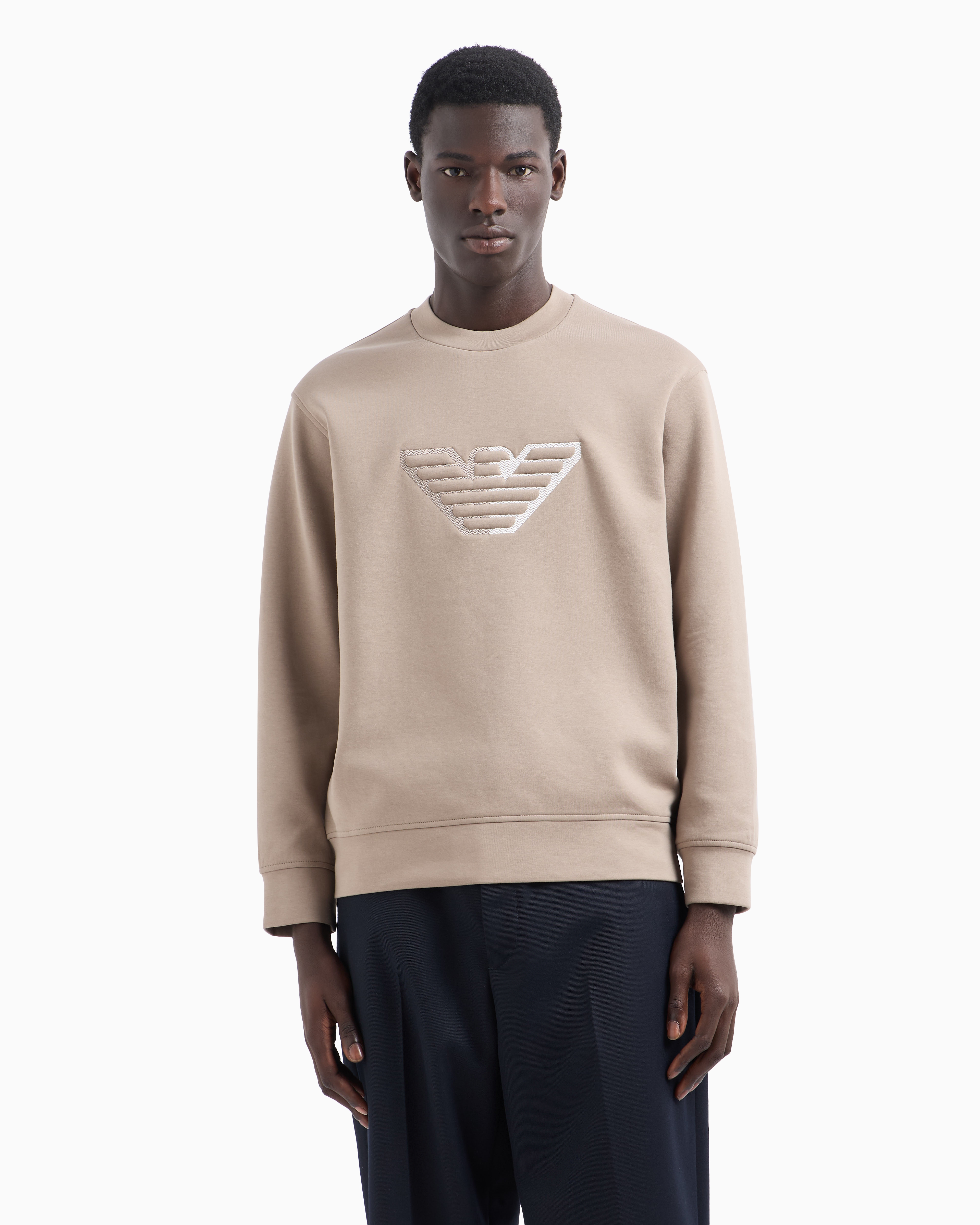 Shop Emporio Armani Double-jersey Sweatshirt With Embossed Oversized Eagle On A Chevron Background In Beige