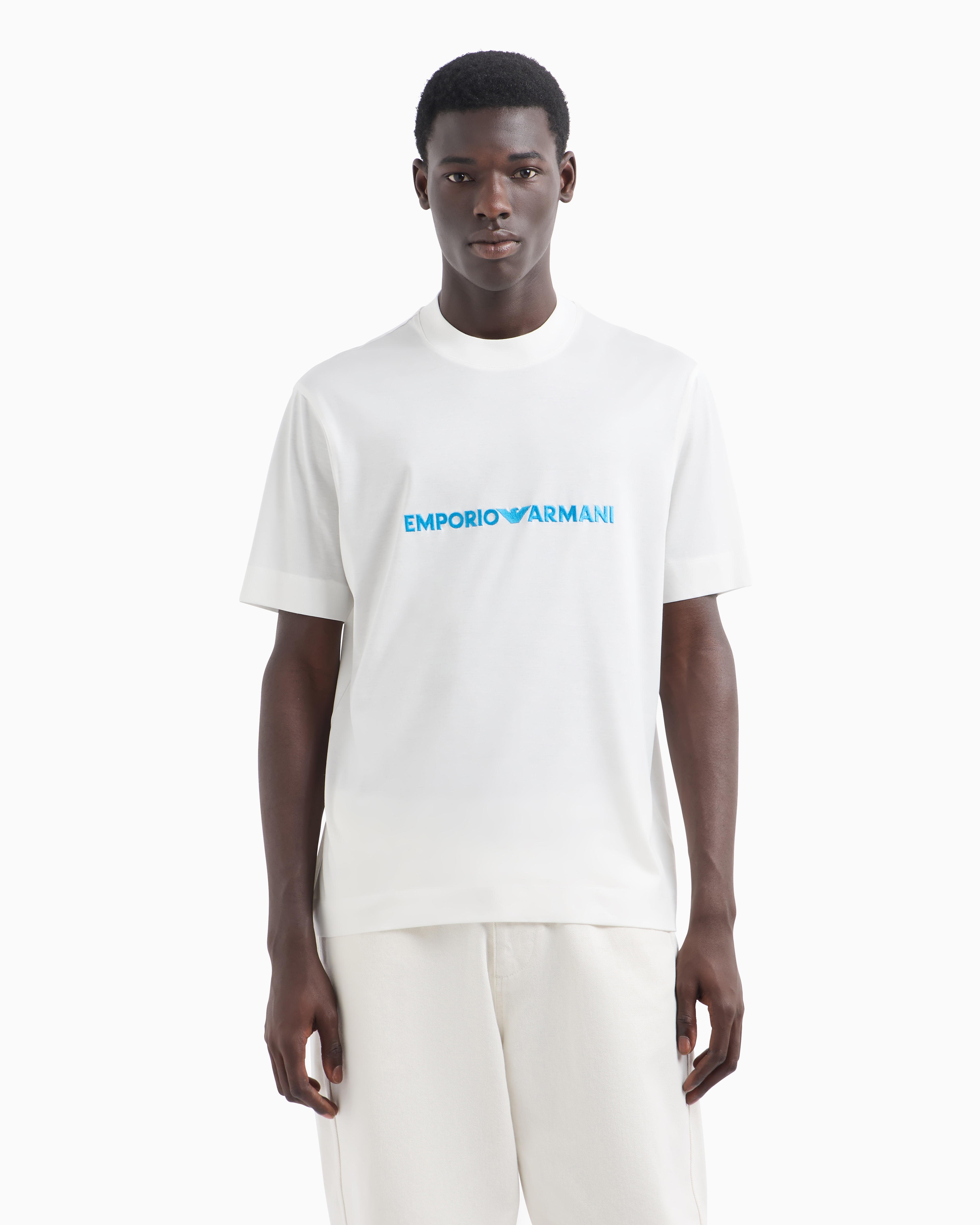 Shop Emporio Armani Asv Lyocell-blend Jersey T-shirt With Embossed Logo Embroidery In White